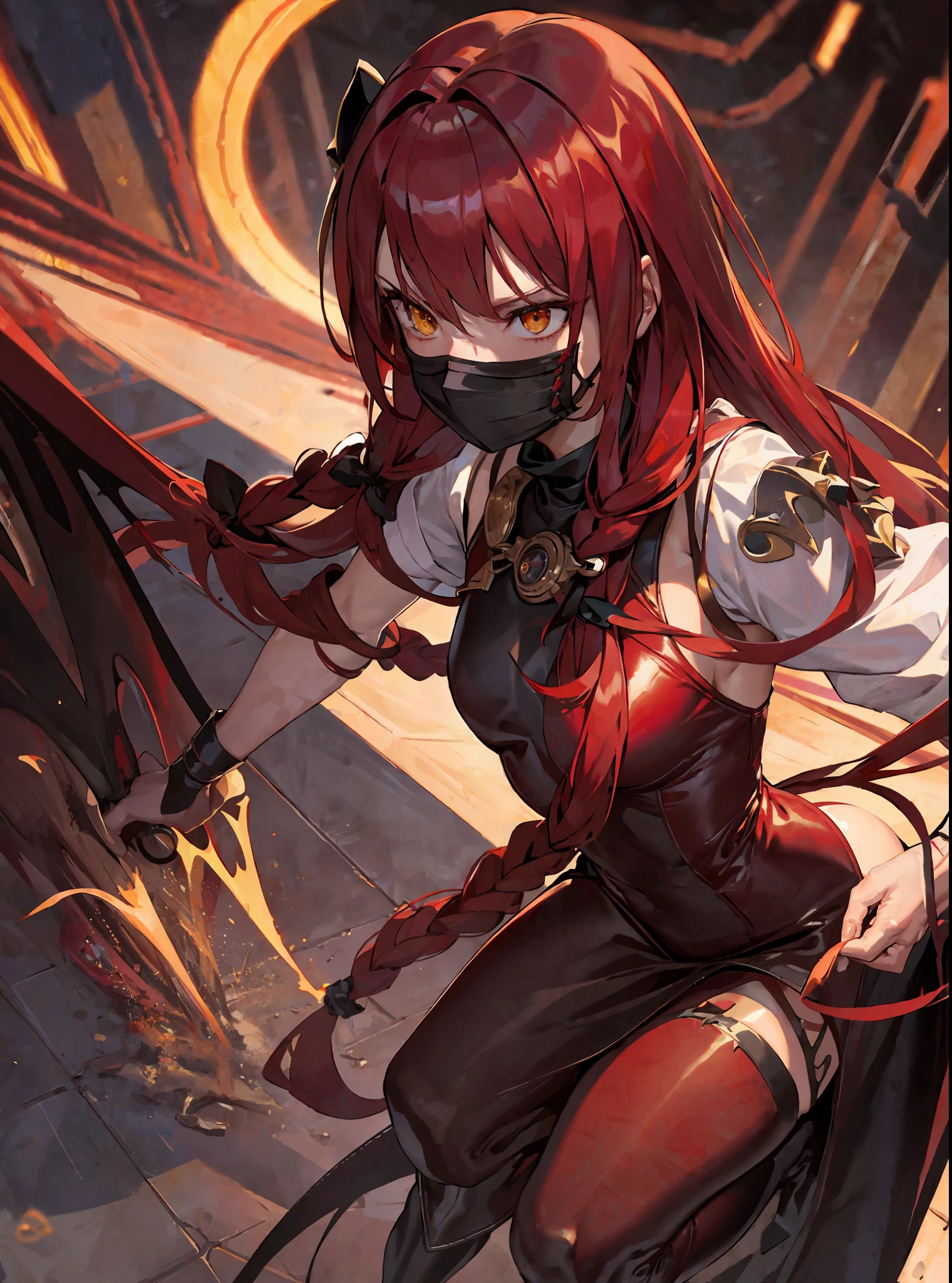 (masterpiece, best quality) an adult woman with very long red hair, short dress, red leather, black bows, long stockings, with a mask covering the eyes, (red mask covering the eyes), red mask, (red mask), covered eyes, bare legs, bodysuit, queen, lake, braids, good anatomy, correct proportions, strange mask, eye mask, black boots, torn clothes, queen, yellow eyes, serious, mysterious appearance, blood, emotionless, red forest, straight bangs, very long red hair, evil, (yellow eyes), gothic, medium chest, blood weapons, blood spikes, chest to head show, cinematics, color oil painting, solo, cinematic lighting, extremely detailed face, finely detailed face, beautiful face, beautiful eyes, perfect lighting, depth of field, realistic proportions, good anatomy, long coat