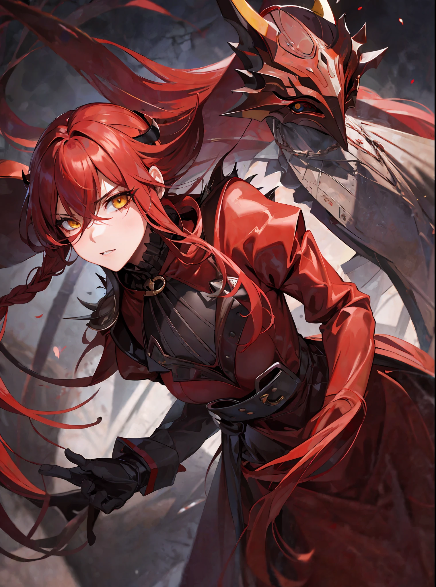 (masterpiece, best quality) an adult woman with very long red hair, short dress, red leather, black bows, long stockings, with a mask covering the eyes, (red mask covering the eyes), red mask, (red mask), covered eyes, bare legs, bodysuit, queen, lake, braids, good anatomy, correct proportions, strange mask, eye mask, black boots, torn clothes,  queen, yellow eyes, serious, mysterious appearance, blood, emotionless, red forest, straight bangs, very long red hair, evil, (yellow eyes), gothic, medium chest, blood weapons, blood spikes, chest to head show, cinematics, color oil painting, solo, cinematic lighting, extremely detailed face, finely detailed face, beautiful face, beautiful eyes, perfect lighting, depth of field,  realistic proportions, good anatomy, long coat