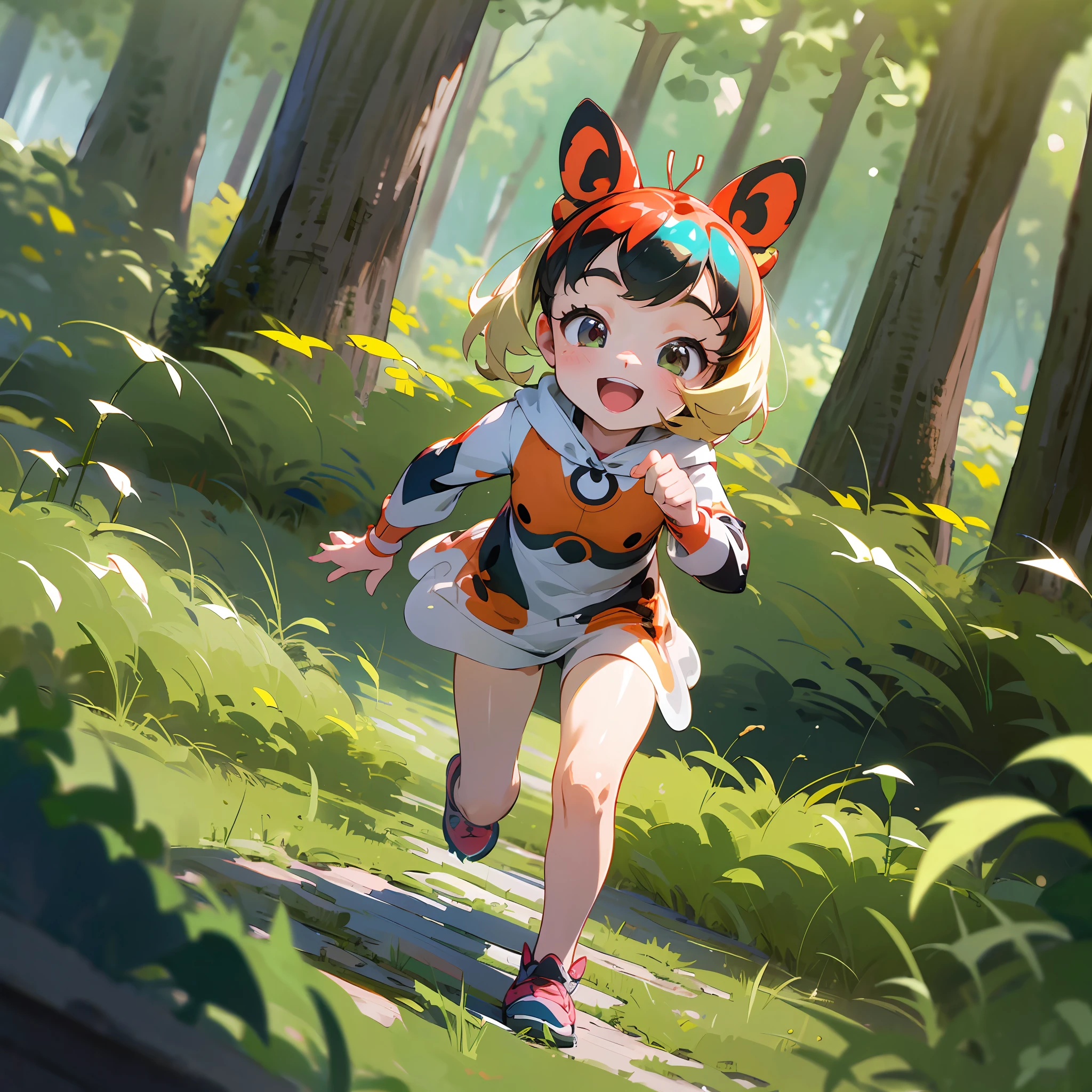 Cute ladybug running, in the forest, happy, happy, children's book, perfect quality, clear focus (clutter - house: 0.8), (masterpiece: 1.2) (Realistic: 1.2) (Bokeh) (Best quality) (Detailed skin: 1.3) (Intricate details) (8K) (Detail eyes) (Sharp focus), (Happy) --auto --s2