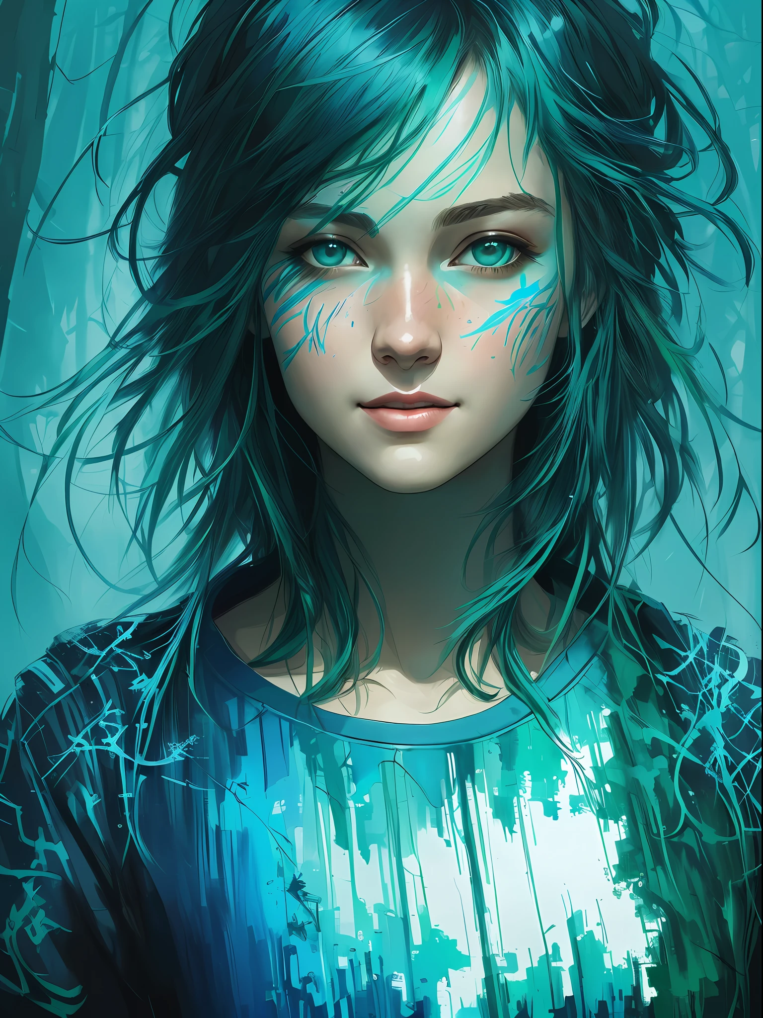 happy girl, centered, looking at the camera, approaching perfection, dynamic, (shades of blue and ((forest green 1.5)))), highly detailed, digital painting, art station, concept art, smooth, sharp focus, illustration, art by Carne Griffiths and Wadim Kashin, detailed face, 4k