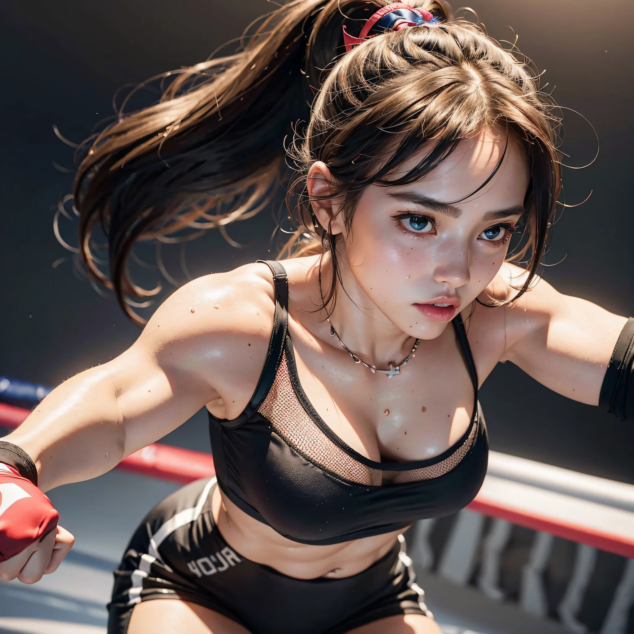 8k, best quality, masterpiece, realistic, real person, Unity 8k wallpaper, (1 girl) , Beautiful eyes, (Delicate face) , Perfect detail, (best lighting) , (Ultra complex details) , (boxing girl) , (????), sweat, heavy breathing, (oppressive aggression) , (boxing ring), athletic shorts, perfect detail, perfect fingers, perfect limb, impact, ( shiny skin), abs, muscles, big ????, waistline,boxing shorts, fist fight, black hair, high ponytail, very long hair, 4k unified, (super detail c: 1.2), (8k:1.2), realistic, octane rendering