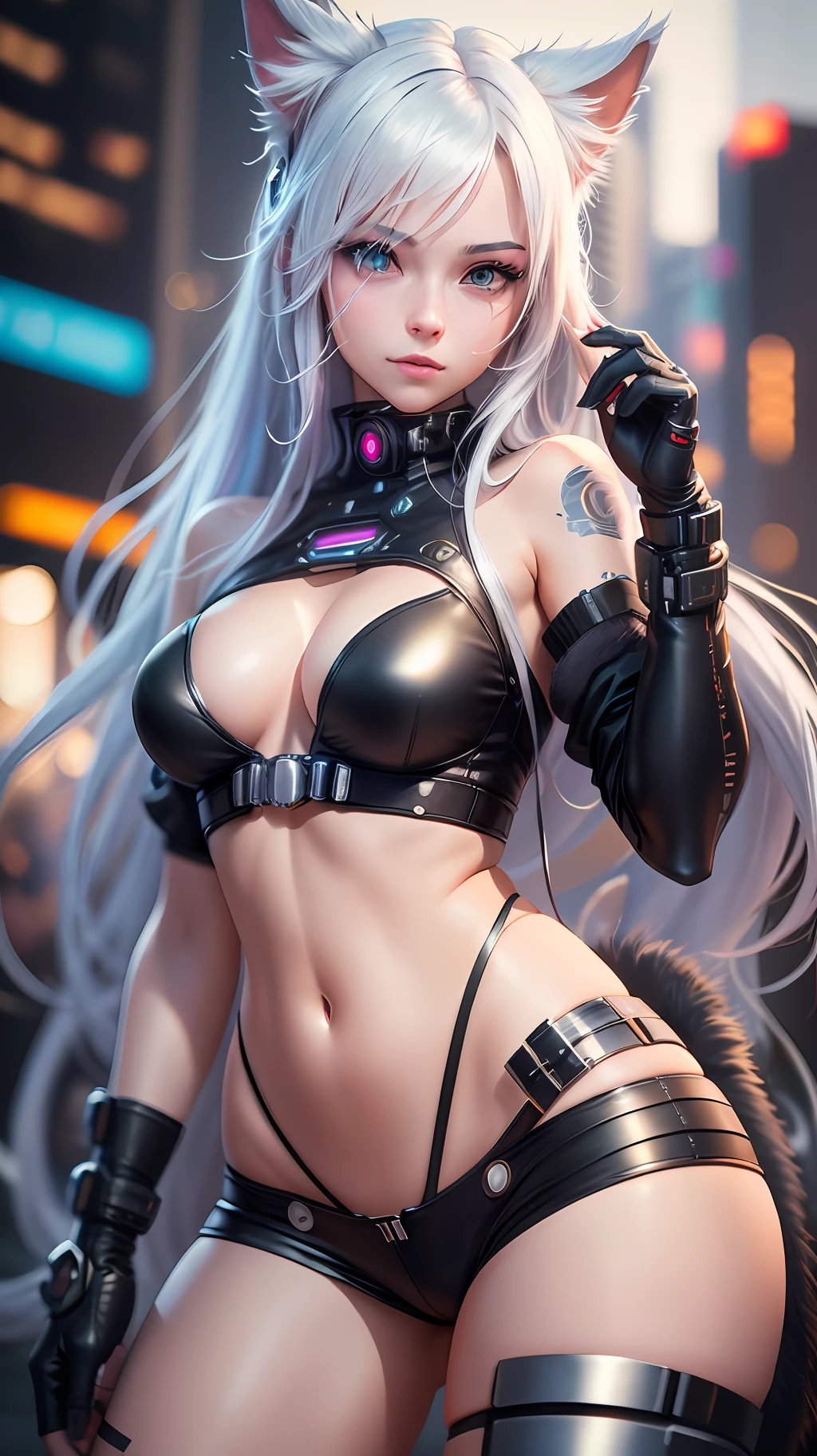 beautiful photorealistic photograph of a cyberpunk catgirl with long white hair and swishing tail, ((Best quality)), ((masterpiece)), (detailed: 1.4), depth of field f/2.8