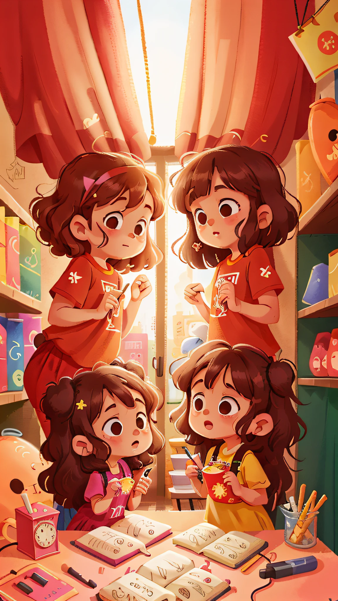 Two girls, twins, curly brown hair, in the shoping