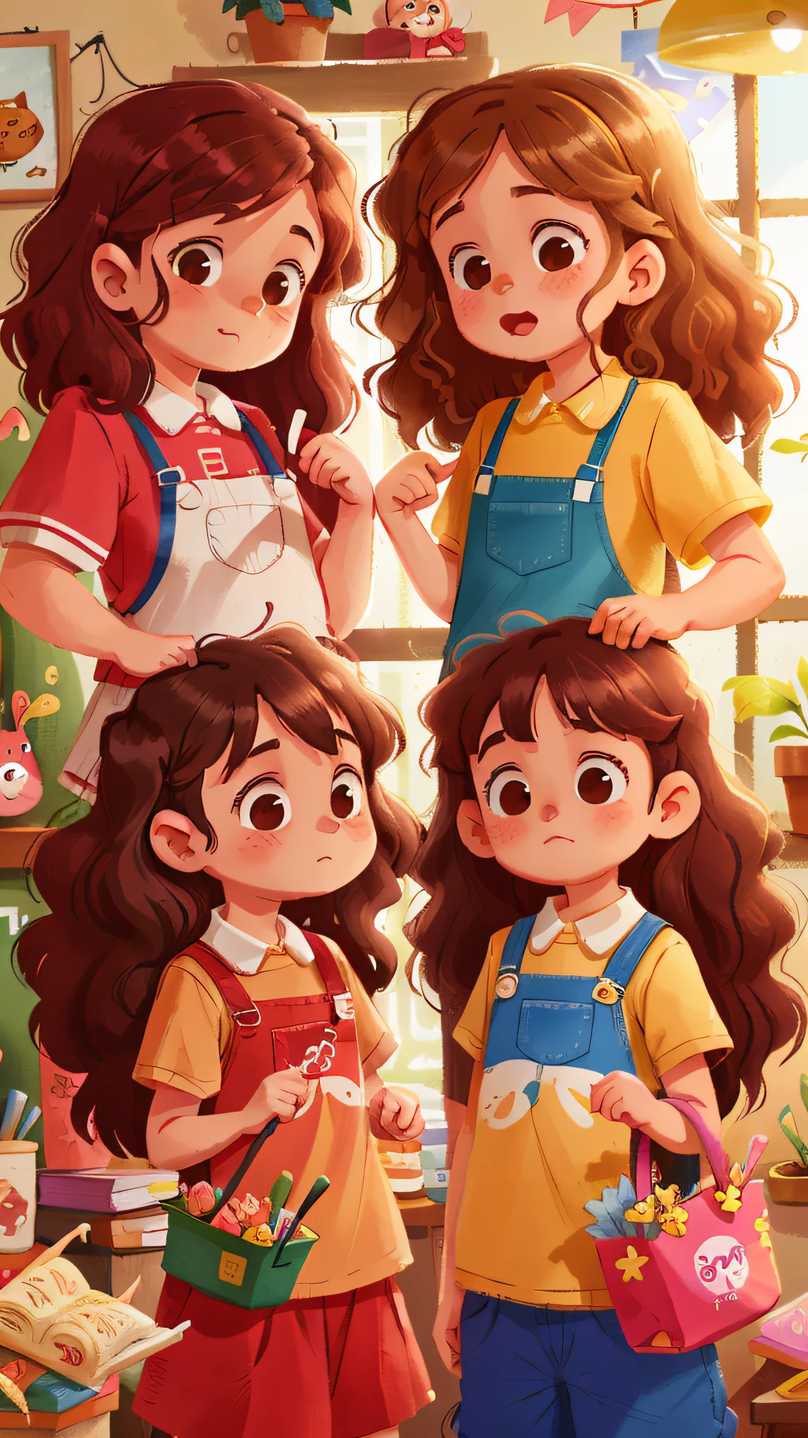 Two girls, twins, curly brown hair, in the shoping