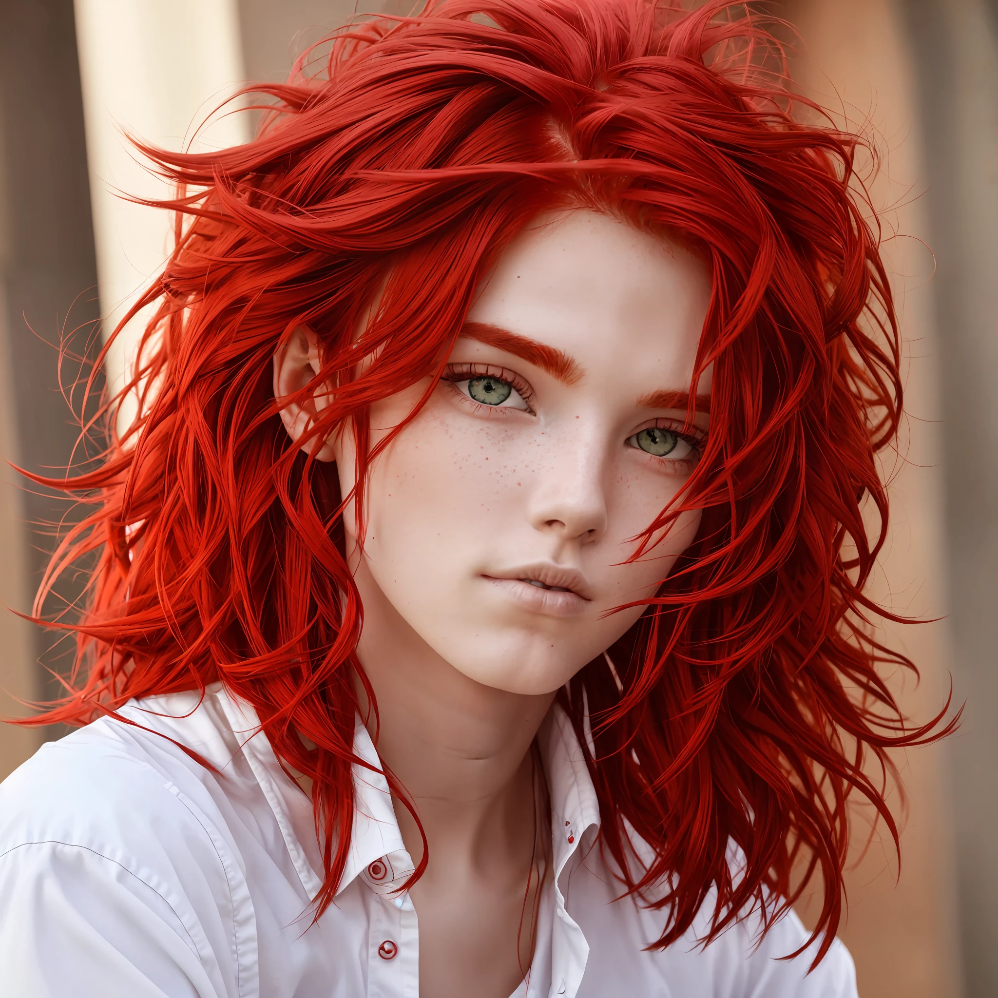 A closeup of a person with red hair and a white shirt, messy square vibrant red hair, spiky red hair messy, hair dyed red, bright red hair, short red hair, crimson red red hair and red eyes, long shaggy red hair, red red tone, red color