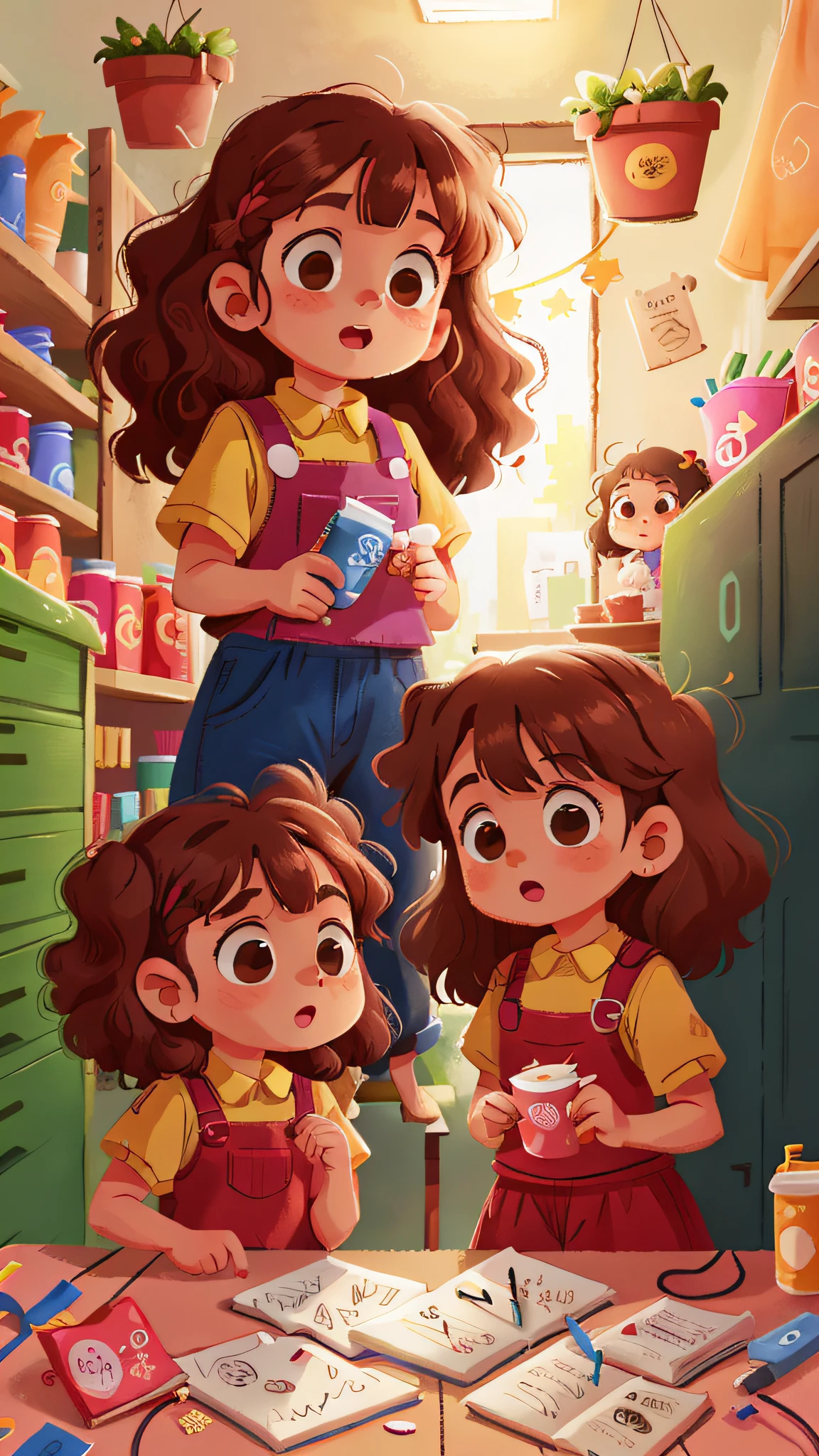 Two girls, twins, curly brown hair, in the shoping