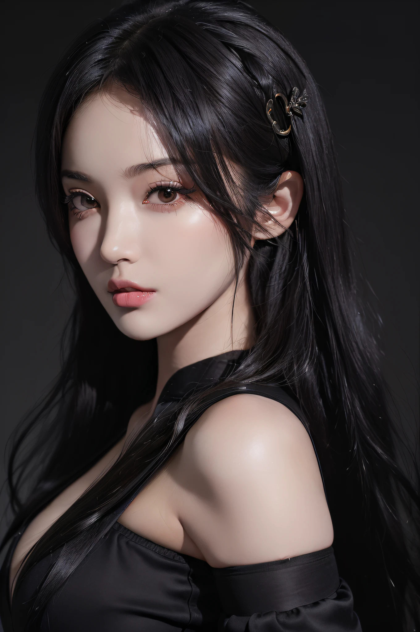 (((masterpiece+best quality+high resolution+ultra-detailed))), long silky black hair, high nose, sharp eyes, noble and inviolable temperament, (([female]: 1.2 + [beauty]: 1.2 + black long hair: 1.2)), dark and deep background, bright eyes, dynamic angle and posture.