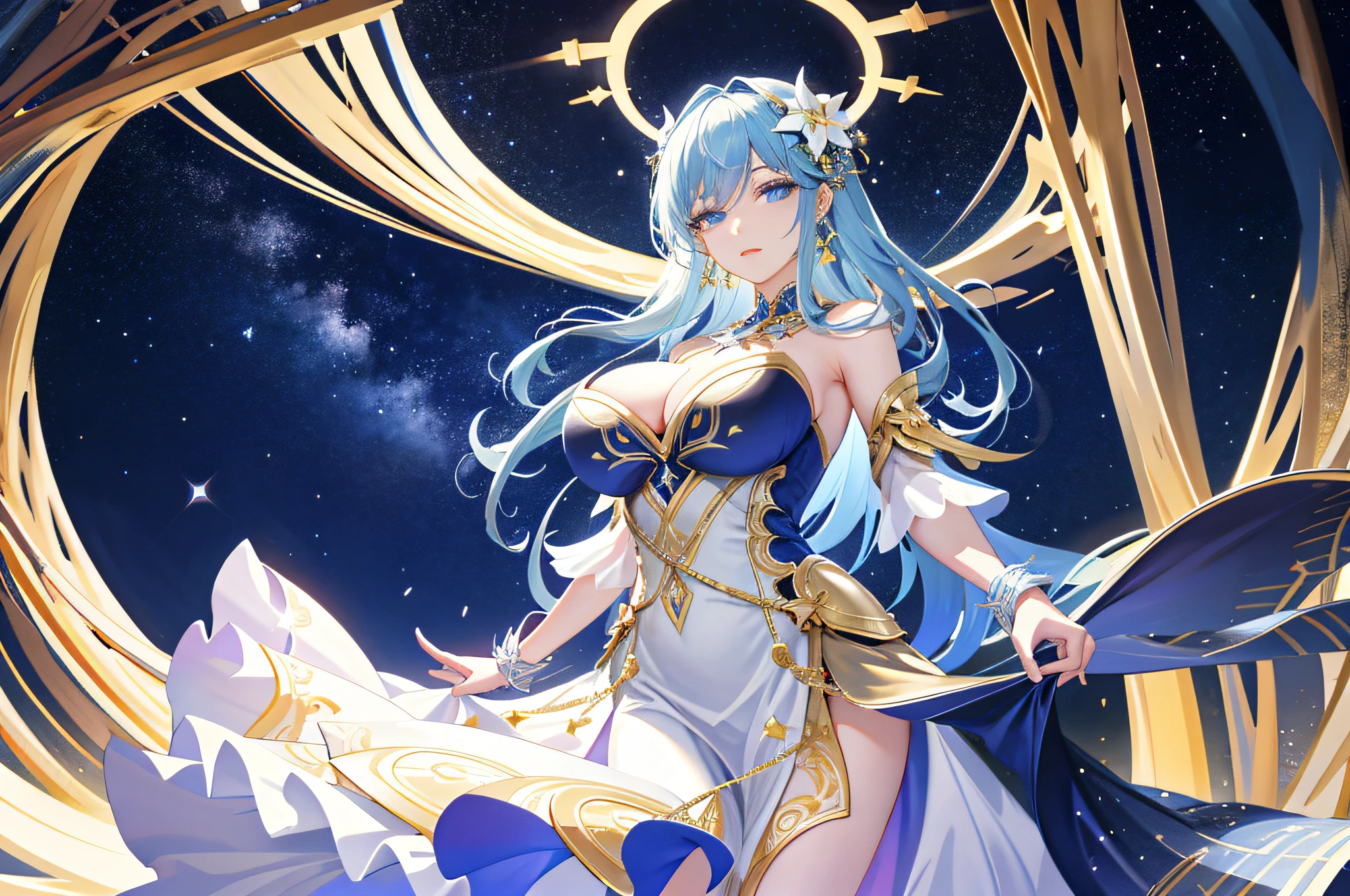 goddess of star, detailed dress, starry pattern, exquisite, complex, starry sky, (open mouth:0.5), expressionless, hair ornament, [half-closed eyes:0.5], big breasts, cowboy shot,
