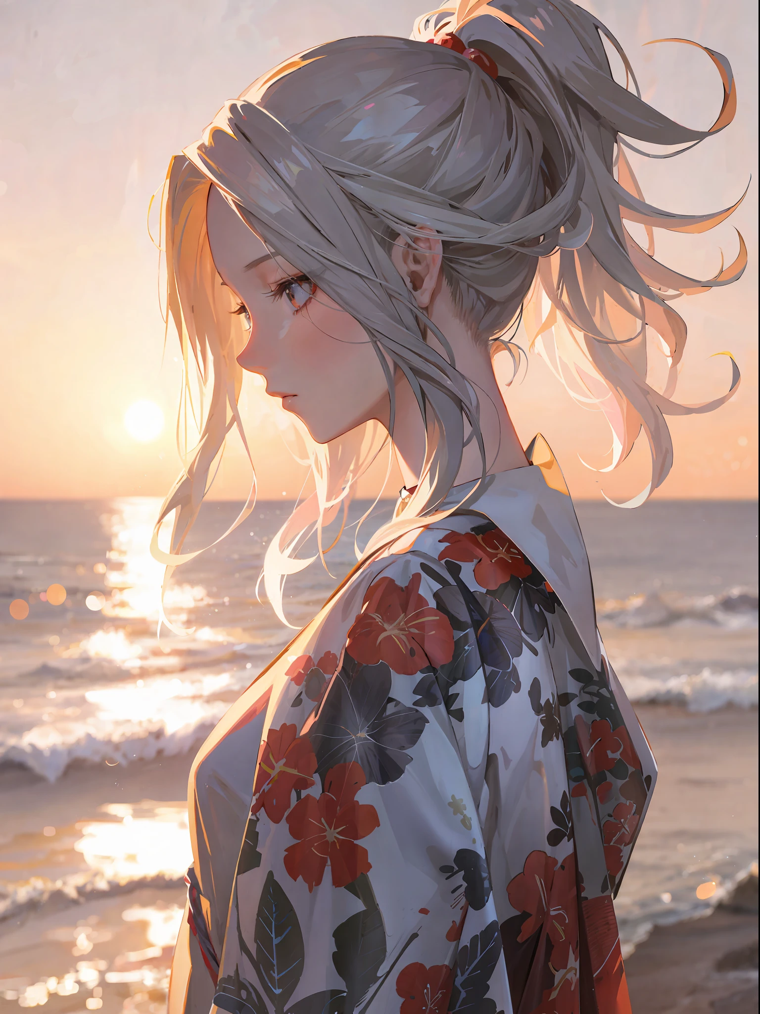 Long haired anime girl standing on the beach looking at the sea, beautiful heavy makeup, detailed digital anime art, beautiful anime portrait, anime. Soft lighting, anime art wallpaper 8k, animated wallpaper 4k, anime wallpaper 4k, anime art wallpaper 4k, anime art wallpaper 4k, digital anime art, photorealistic anime girl rendering, anime style.8k race