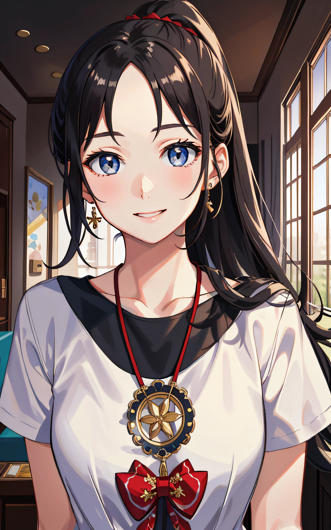 masterpiece, Best Quality, (Real, 1girl, Solo, Beautiful face, Detail face, Beautiful eyes), Long hair, Patsun bangs, Big T-shirt, smile