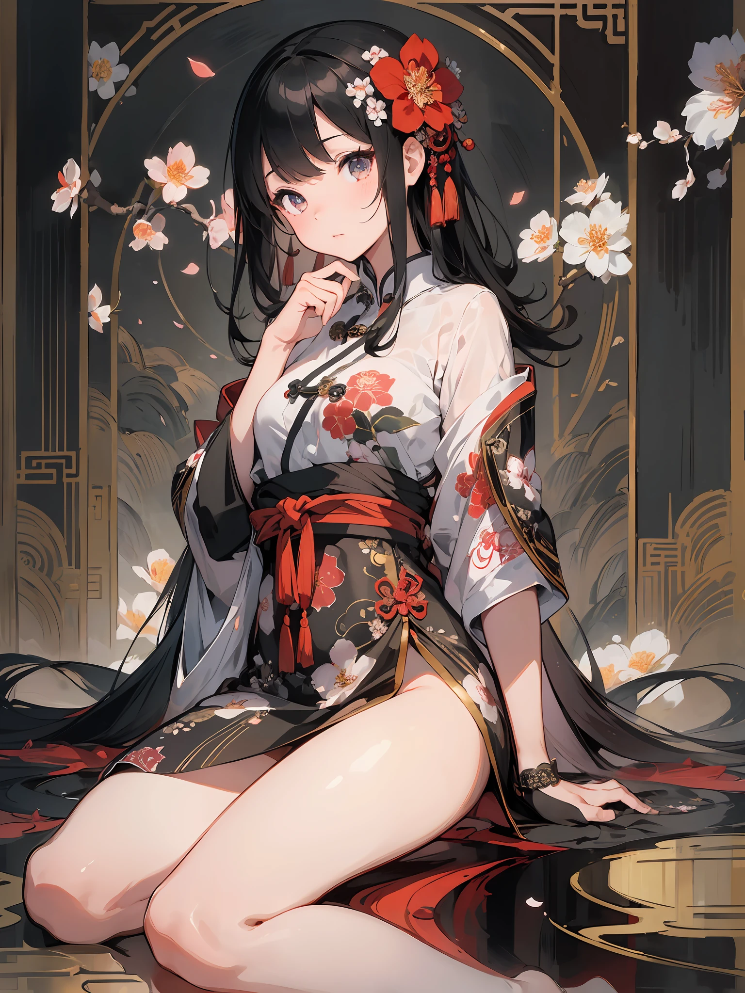 masterpiece, high quality, highly detailed, (full body), 1girl, sitting, (finely detailed face and beautiful eyes), oriental, solo, (blossomed flower), innocent eyes expressions, black hair, traditional Chinese ink painting, advanced color scheme, rich background, illustration, petals, Chinese style,