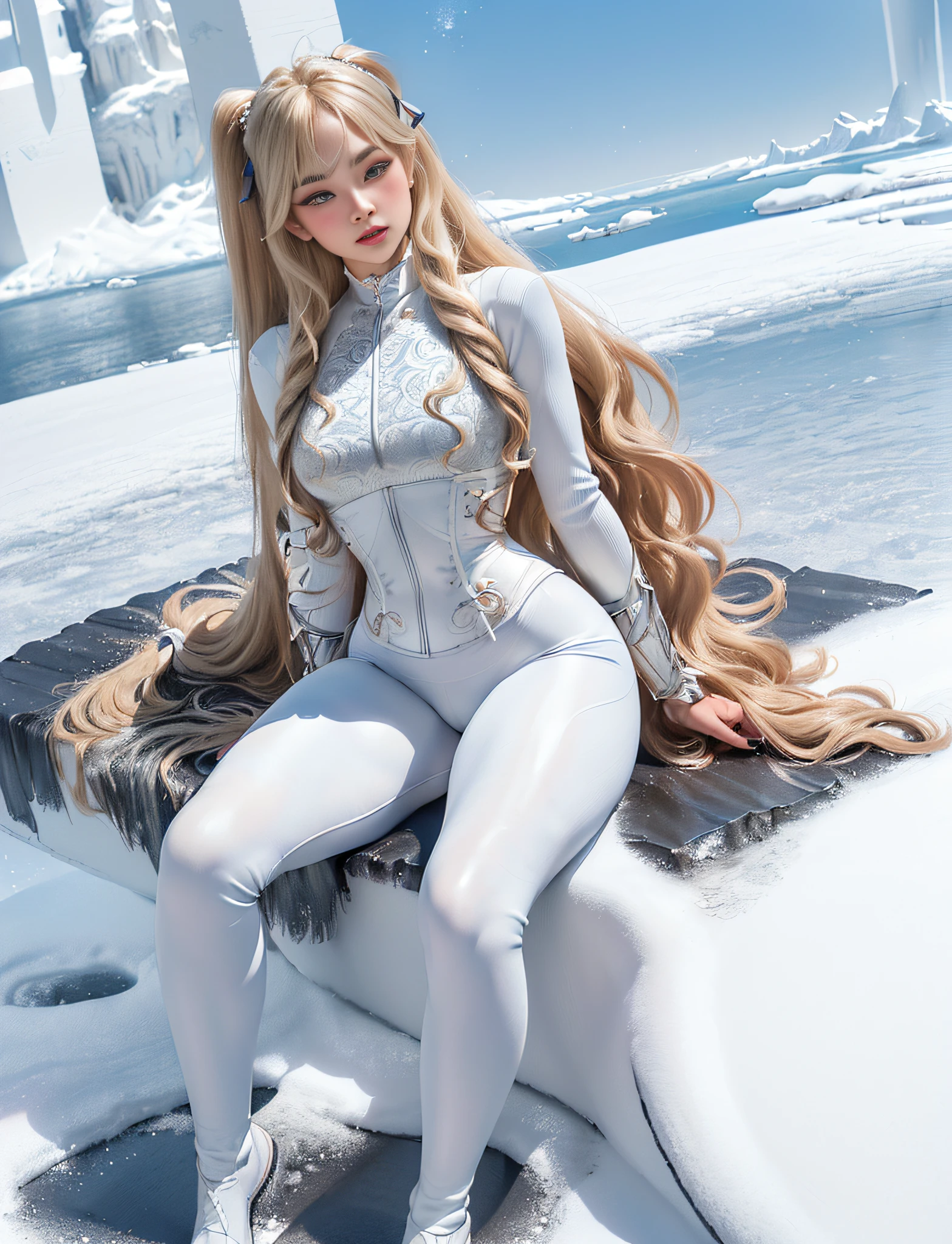 ((very detailed RAW color photo)), (((1 girl))), (((alone))), (((33 years))), ((athletic)), ((very defined toned physique)), ((very defined and beautiful muscular body)), (((very detailed perfect body))), (((small and defined breasts))), (((ultra defined curves))), (((superior quality, 8k, masterpiece: 1.3)), sharp focus: 1.2, (((extremely beautiful girl with perfect figure: 1.4))), ((very thin waist: 1.2)), ultra detailed skin texture, ((perfect and beautiful hands)), ((smooth and soft skin)), (ultra detailed fabric texture), extremely beautiful ultra detailed face, (((extremely beautiful))), intricate details, ultra detailed, (((girl wearing a white snow jacket and tight snow leggings with very modern hiking boots))), ((((the suit is white and modern))), (((extremely long curly blonde hair))), extremely beautiful, (((extra long ponytail with bangs))), ((very detailed and beautiful wolf ears)), (hair on the face), ((hair ribbon)), dynamic pose, ((uniform leaves thighs exposed)), ((ultra detailed and toned legs)), (((ultra detailed waist))), (((very wide hips))), (((very thick and toned thighs))), (sexy), (((extreme hourglass figure))), (((very thick heart lips))), ((red lipstick)), ((ultra detailed lips)), ((ultra detailed blue eyes)), ((angry look)), (((staring at the viewer))), ultra detailed provocative mouth, extremely beautiful seductive lips, ((blushing)), (makeup), (((ultra defined waist))), eye shadow, (full body shot), with a frozen lake in the background