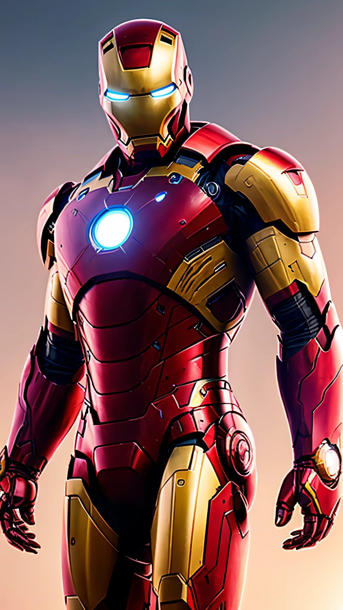 Tony Stark is iron man, no helmet, photography, soft lighting, soft details, octane, full body, full armor, golden torax, artstation trend, ultra high detail, ultra realistic, cinematic, 16k
