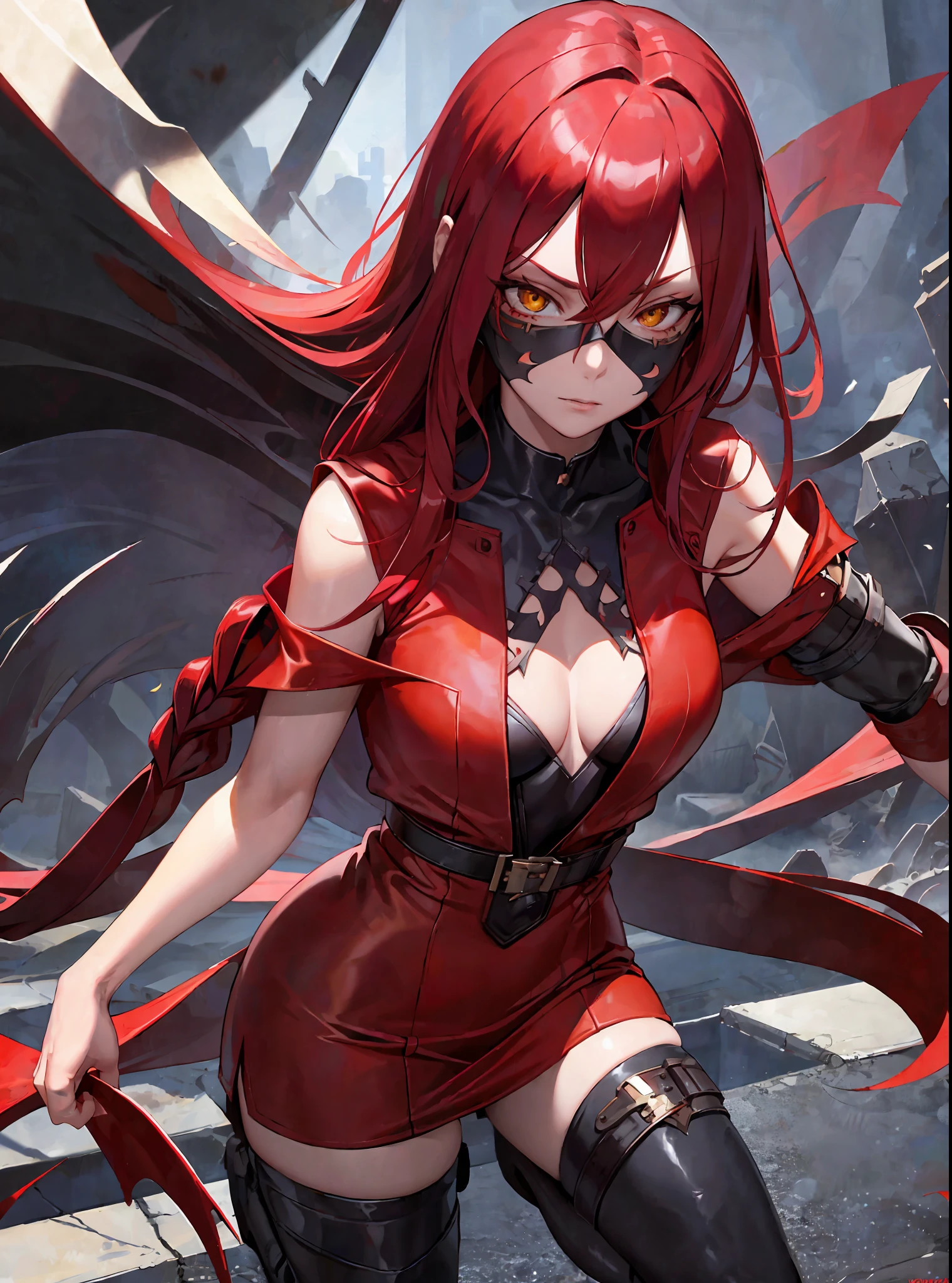 (masterpiece, best quality) an adult woman with very long red hair, short dress, red leather, black bows, long stockings, with a mask covering the eyes, (red mask covering the eyes), red mask, (red mask), covered eyes, bare legs, bodysuit, queen, lake, braids, good anatomy, correct proportions, strange mask, eye mask, black boots, torn clothes, queen, yellow eyes, serious, mysterious appearance, blood, emotionless, red forest, straight bangs, very long red hair, evil, (yellow eyes), gothic, medium chest, blood weapons, blood spikes, chest to head show, cinematics, color oil painting, solo, cinematic lighting, extremely detailed face, finely detailed face, beautiful face, beautiful eyes, perfect lighting, depth of field, realistic proportions, good anatomy, long coat