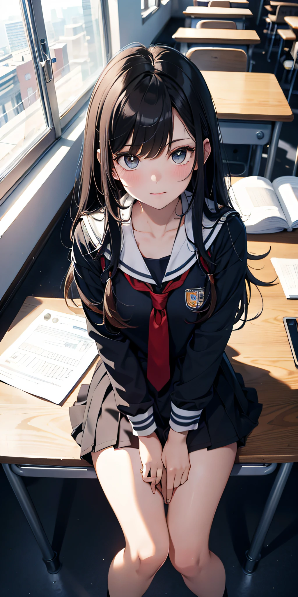 Ridiculous resolution, high resolution, (masterpiece:1.4), super detailed, 1girl, from above, school classroom, sitting at a desk