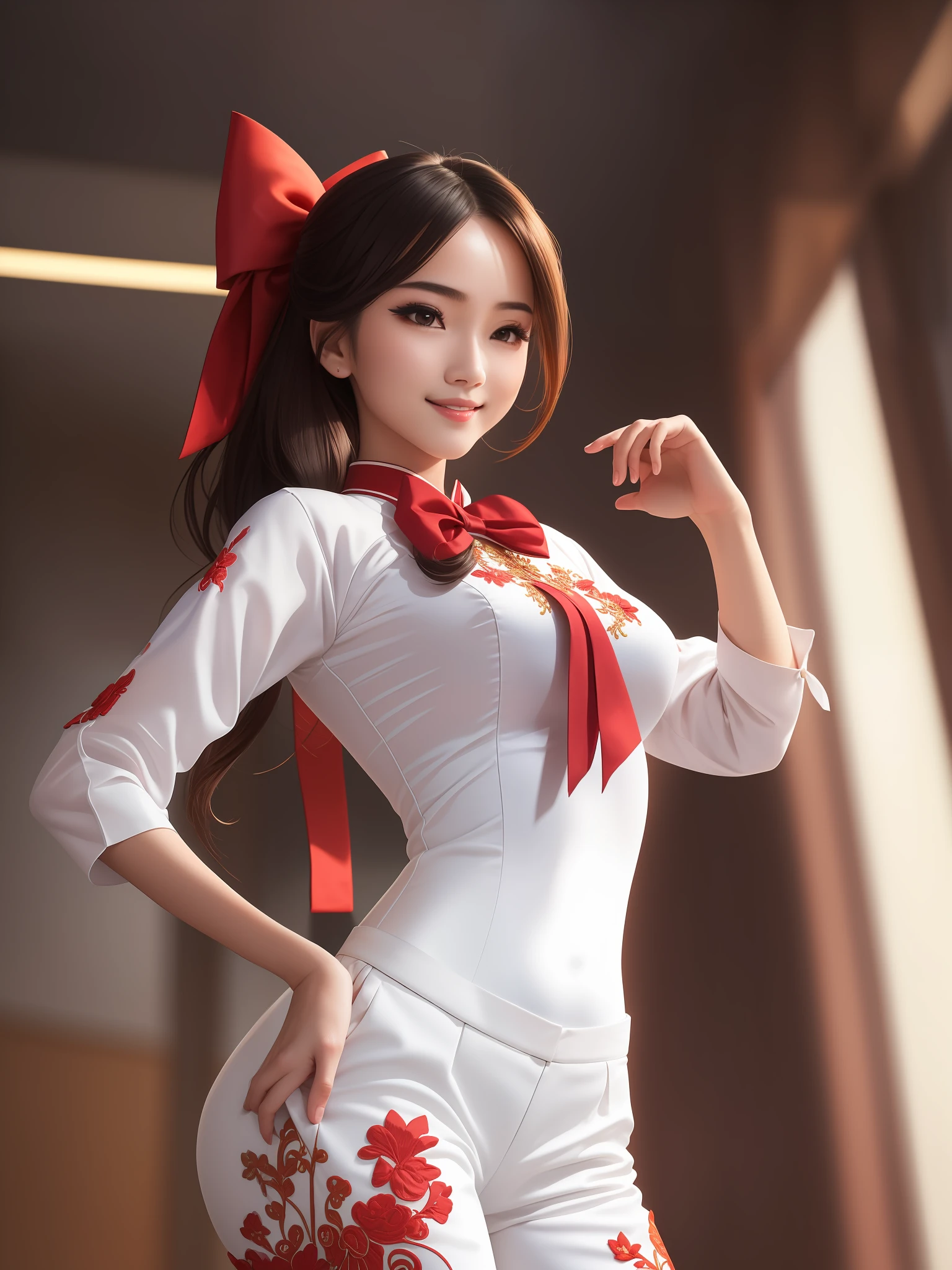 1girl, (best quality, masterpiece, ultra high resolution),(photorealistic:1.3), (realistic:1.3),(long legs:1.3), (closed mouth), (light smile:1.2), (long white ao dai:1.2), (Embroidered:1.2), (long trousers:1.2), (red bow tie:1.2),(day:1.3), (bright lights:1.3), indoors, busty, dynamic pose, vivacious and seductive,(standing), (slender), (slender legs), (busty:1.2), (facing to the side), shiny skin, nose blush, (male focus, from below:1.2), (lower body:1.2),