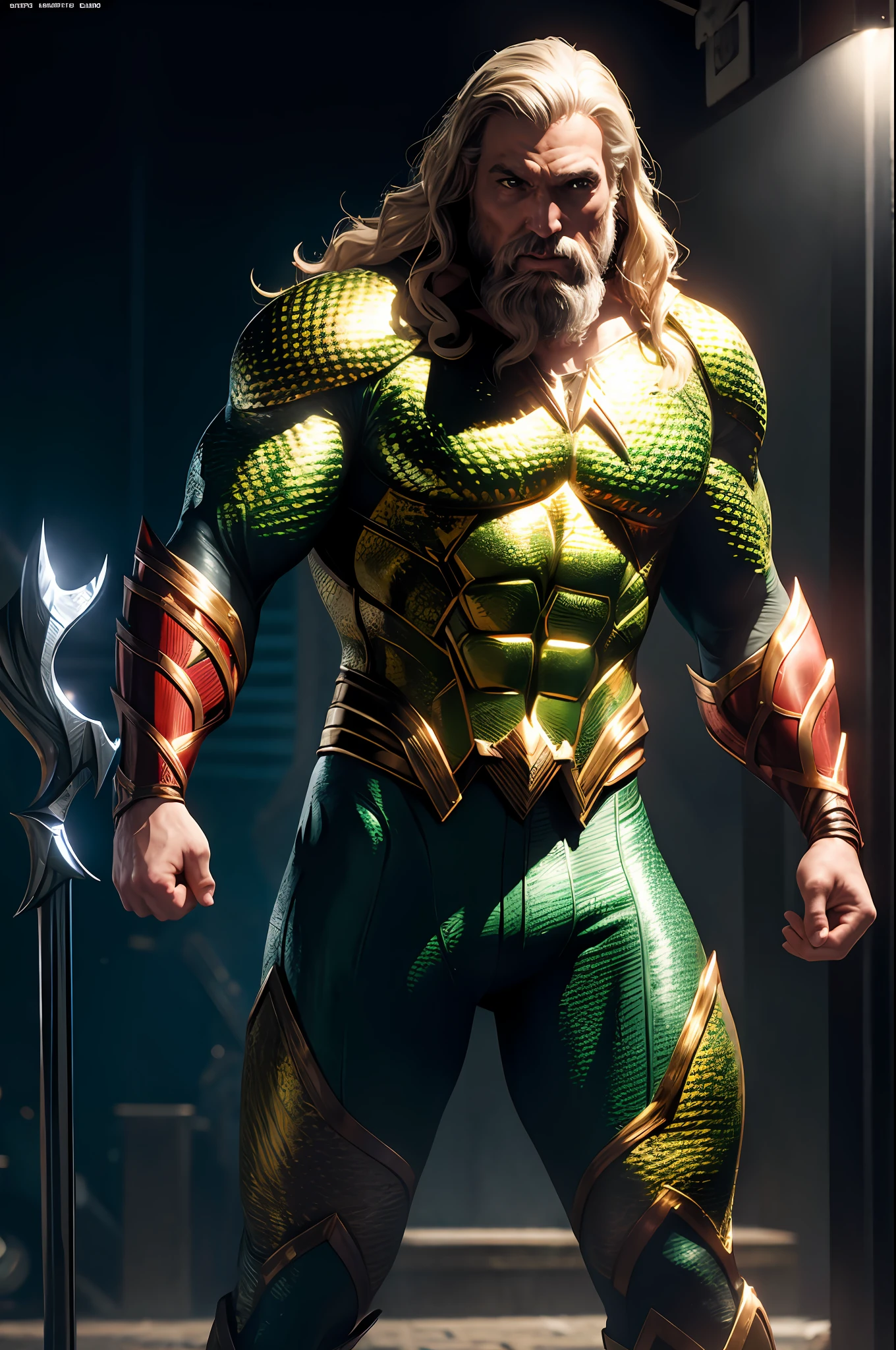 DC Comics, full body, Old man Aquaman, realistically, dynamic lights, old, full footage, (extremely detailed 8k wallpaper of CG unit), trend in ArtStation, trend in CGSociety, high detail, sharp focus, dramatic, photorealistic