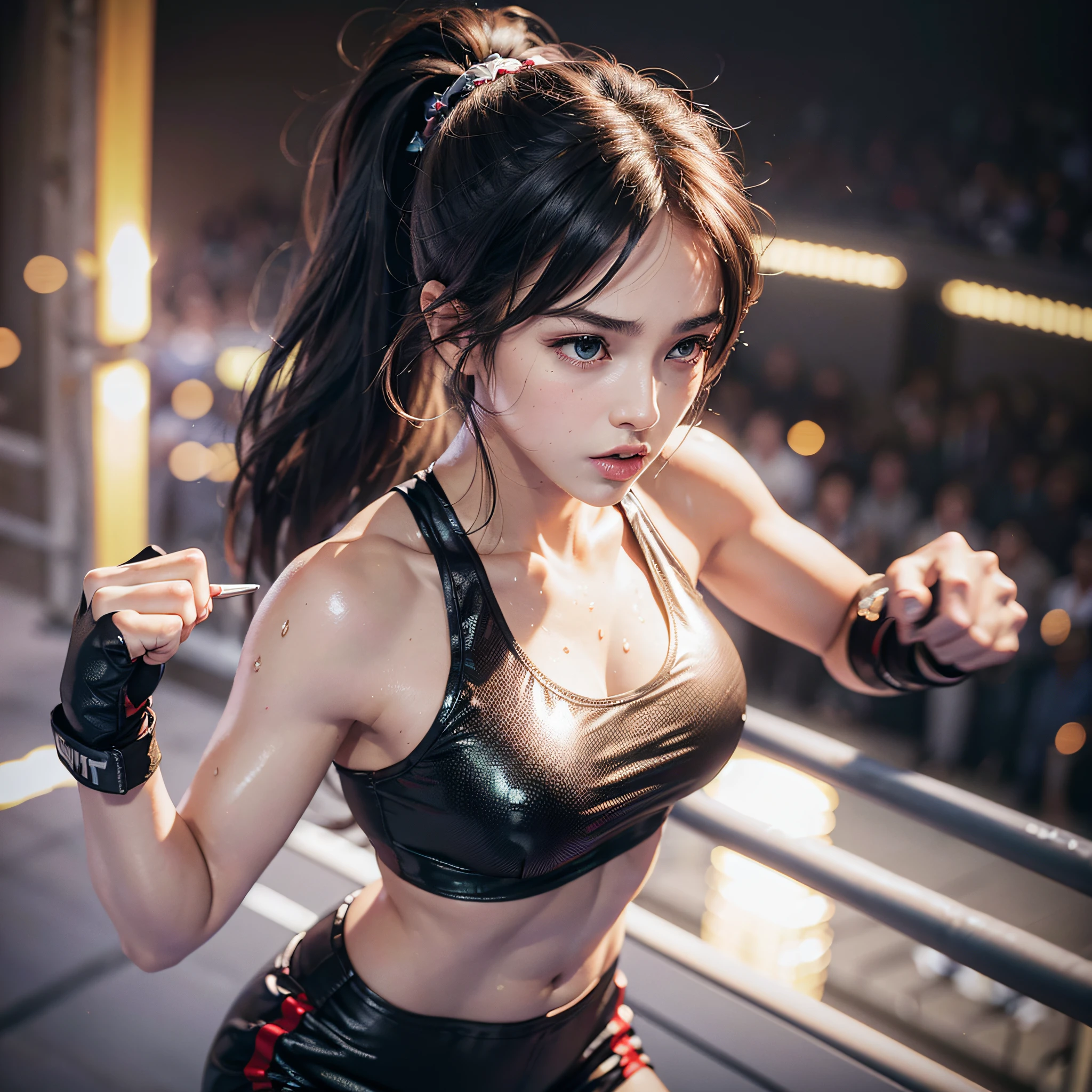 8k, best quality, masterpiece, realistic, real person, Unity 8k wallpaper, (1 girl) , Beautiful eyes, (Delicate face) , Perfect detail, (best lighting) , (Ultra complex details) , (boxing girl) , (sexy), sweat, heavy breathing, (oppressive aggression) , (boxing ring), athletic shorts, perfect detail, perfect fingers, perfect limb, impact, ( shiny skin), abs, muscles, big tits, waistline, boxing shorts, fist fight, black hair, high ponytail, very long hair, 4k unification, (super detail cg: 1.2), (8k: 1.2), realistic, octane rendering, (((martial arts tournament at the Colosseum in Greece))), strong sunshine, full seats