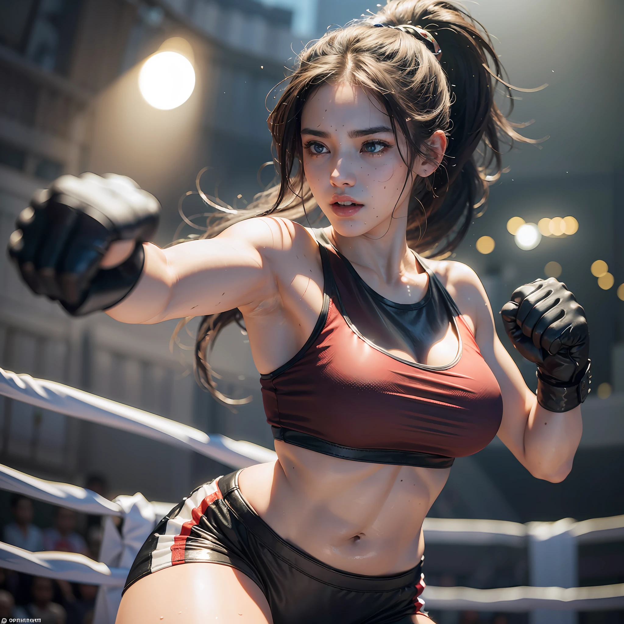 8k, best quality, masterpiece, realistic, real person, Unity 8k wallpaper, (1 girl) , Beautiful eyes, (Delicate face) , Perfect detail, (best lighting) , (Ultra complex details) , (boxing girl) , (), sweat, heavy breathing, (oppressive aggression) , (boxing ring), athletic shorts, perfect detail, perfect fingers, perfect limb, impact, ( shiny skin), abs, muscles, big , waistline, boxing shorts, fist fight, black hair, high ponytail, very long hair, 4k unification, (super detail cg: 1.2), (8k: 1.2), realistic, octane rendering, (((martial arts tournament at the Colosseum in Greece))), strong sunshine, full seats