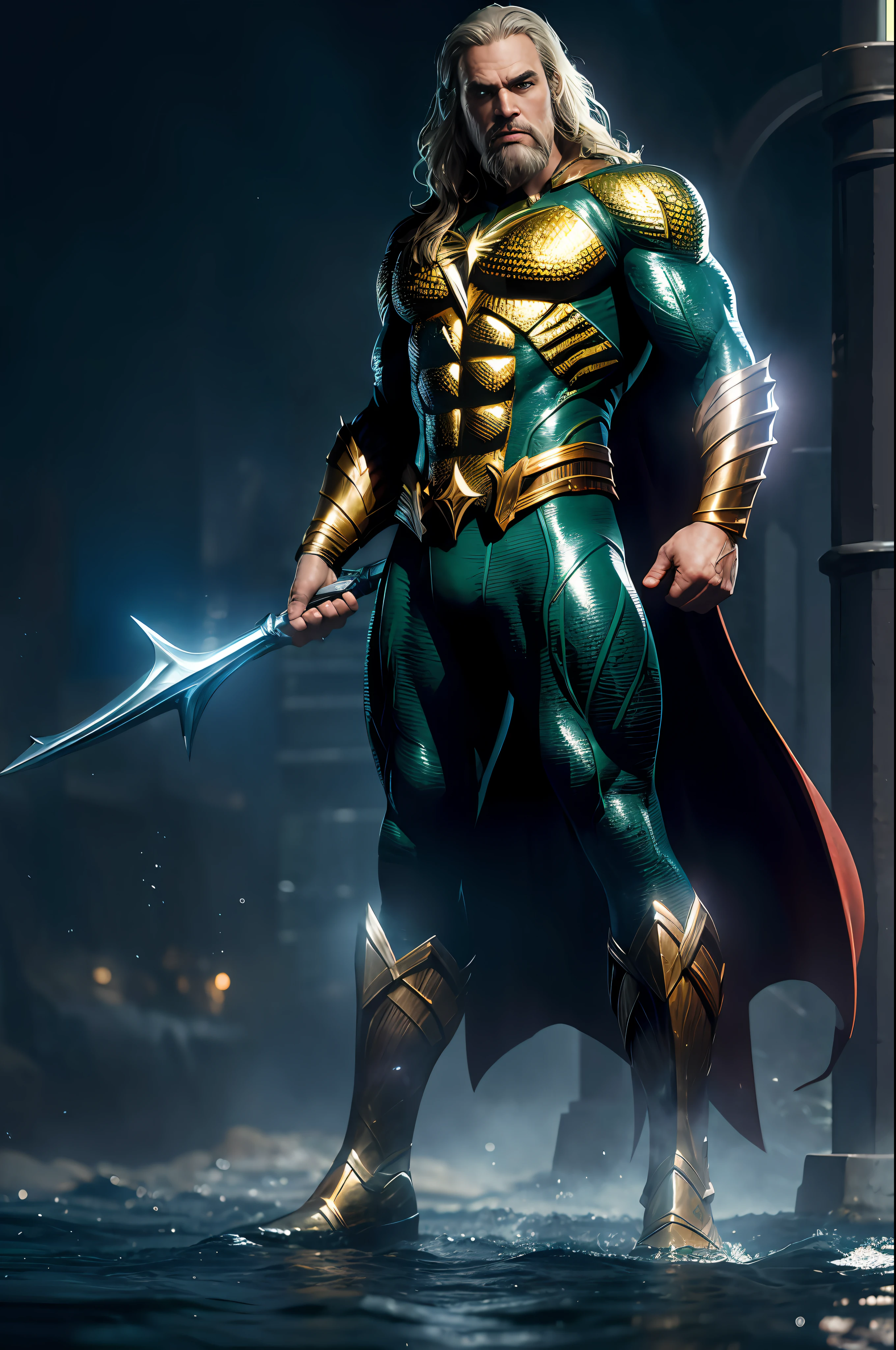DC Comics, full body, Old man Aquaman, realistically, dynamic lights, old, full footage, (extremely detailed 8k wallpaper of CG unit), trend in ArtStation, trend in CGSociety, high detail, sharp focus, dramatic, photorealistic