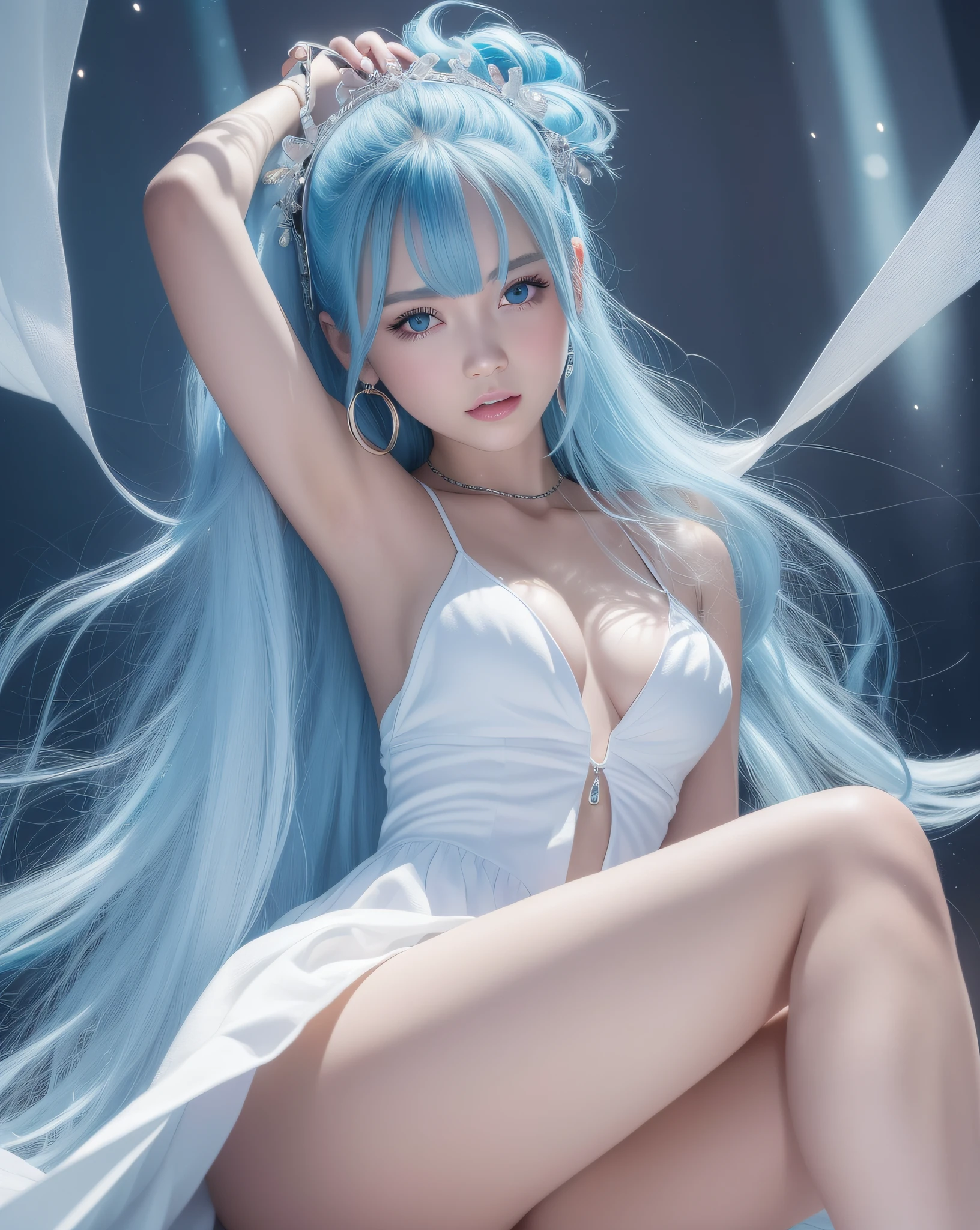 Top quality, ultra high resolution, (photo real: 1.4), Japan person, sky blue hair, long hair, blue eyes, sharp chin, (skinny), small breasts, light makeup, white cape, black string tie, sky blue dress, white lingerie visible under the dress, white down shoulder badge, princess line, smile, cute, small teardrop earrings, on stage, five fingers