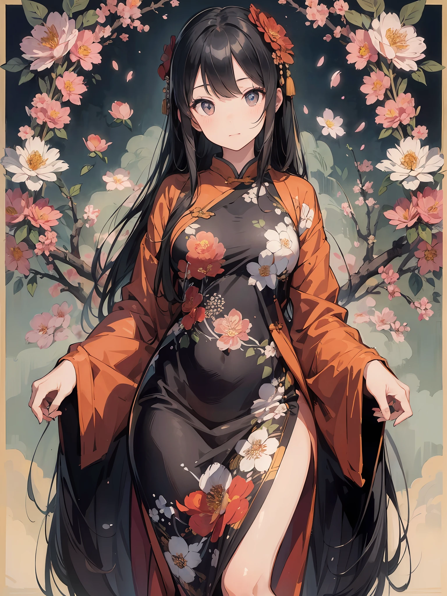 masterpiece, high quality, highly detailed, finely detailed face and beautiful eyes, traditional Chinese ink painting, advanced color scheme, rich background, illustration, petals, Chinese style,