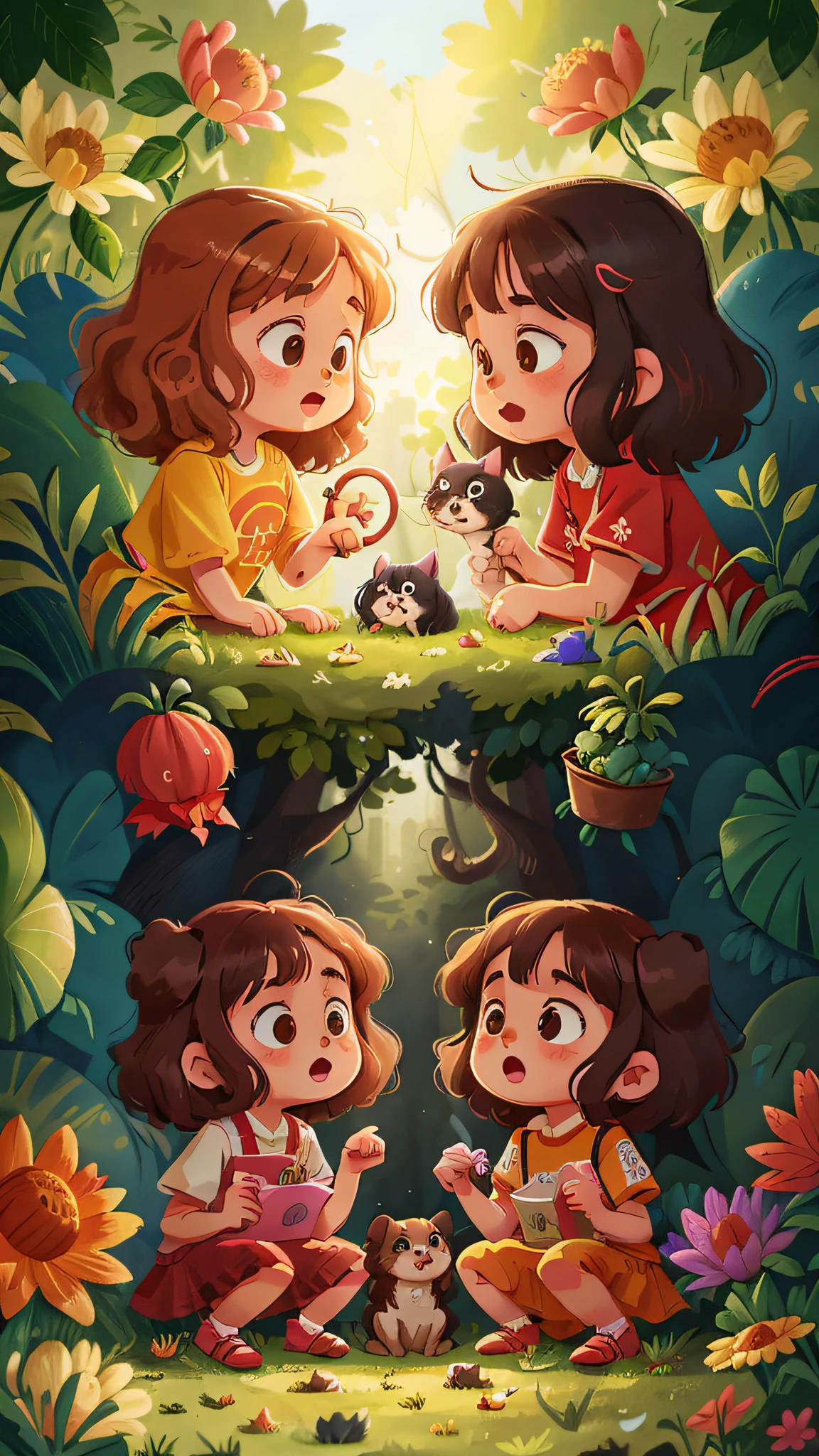 Two girls, twins, curly brown hair, playing with cat and dog