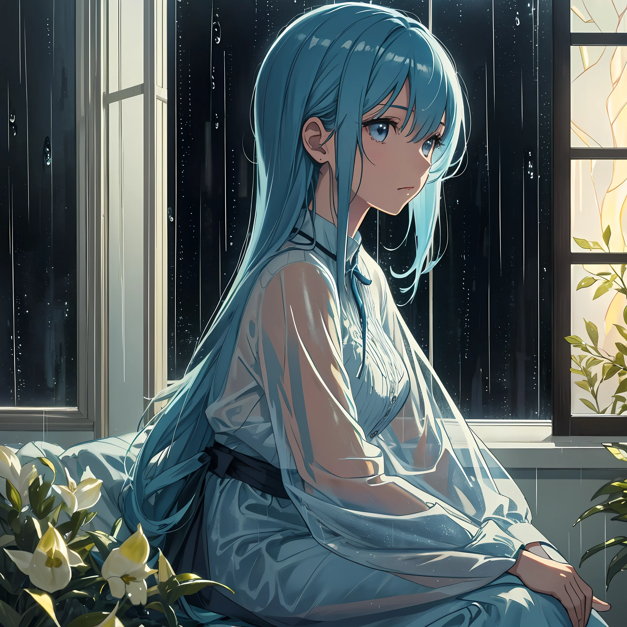 (Image quality: HD) Rainy night, (Scene details: indoor glass window) Under dim yellow light, (Character: 1 female) A young woman sits in front of the window, (Scene Details: Character) Gazes (Scene Details: Rain Outside the Window), (Mood: Heavy) Mouth Closed, Gradient Blue Hair, Black Eyes, Official Art Illustration, Delicate Eyes, Front View, CG Illustration, Super Detailed, Rendering Effect, Hazy, Masterpiece, Side Light, 8K