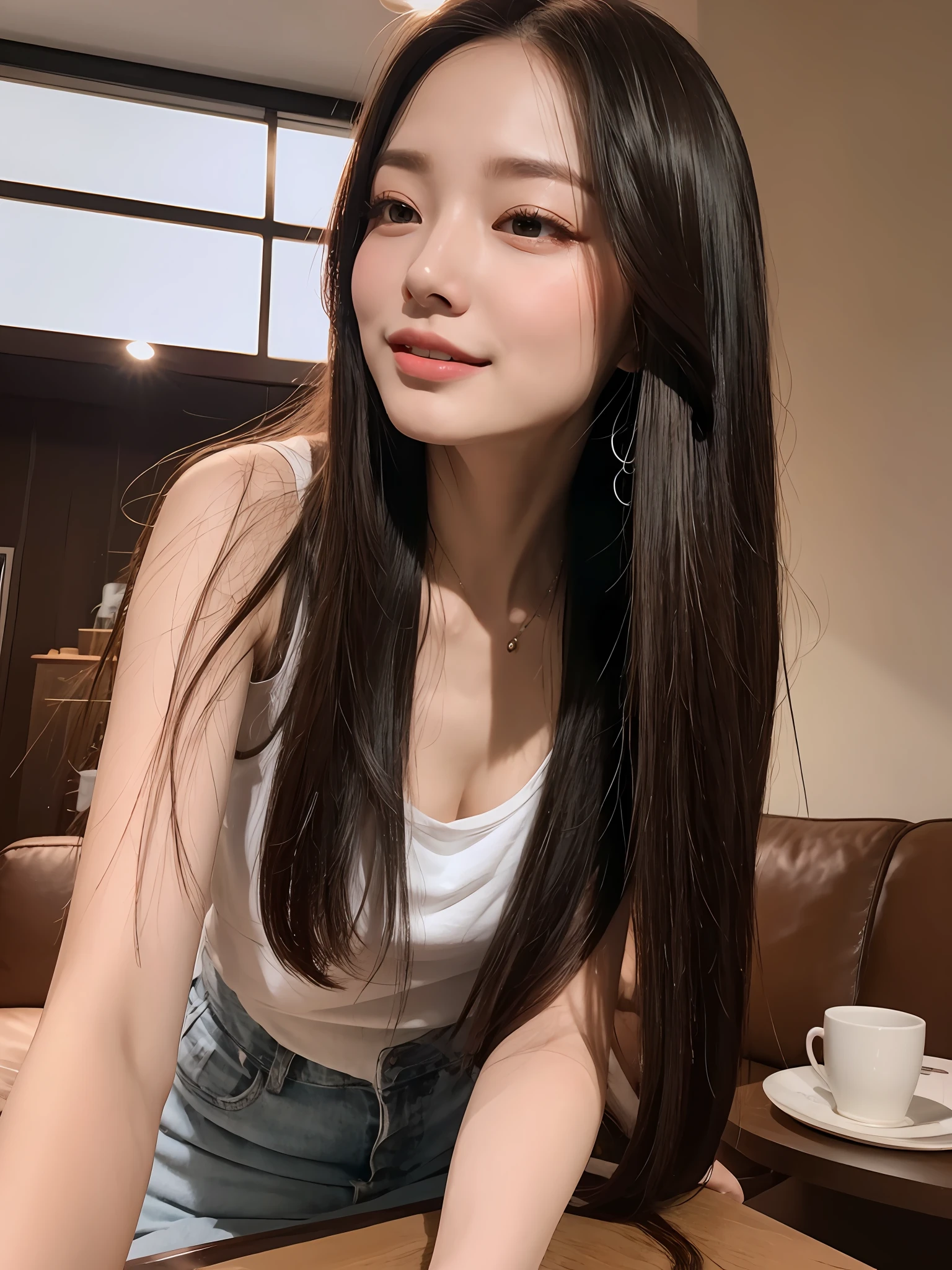 (A GIRL: 1.6), (lora:russianDoll:0.4), (lora:TaiwanDoll:0.4), (best quality, 8k, masterpiece: 1.3), focus 1.2, perfect body beauty: 1.4, highly detailed face and skin texture, detailed eyes, double eyelids, whitened skin, long hair split edges, (round face: 1.5)), looking at the audience, leaking teeth and laughing, sitting next to the audience, window, (Full body: 1.1), home, sofa, lamp, tea cup, TV, coffee table, flowers, (warm color: 1.5), (dim light: 1.2)