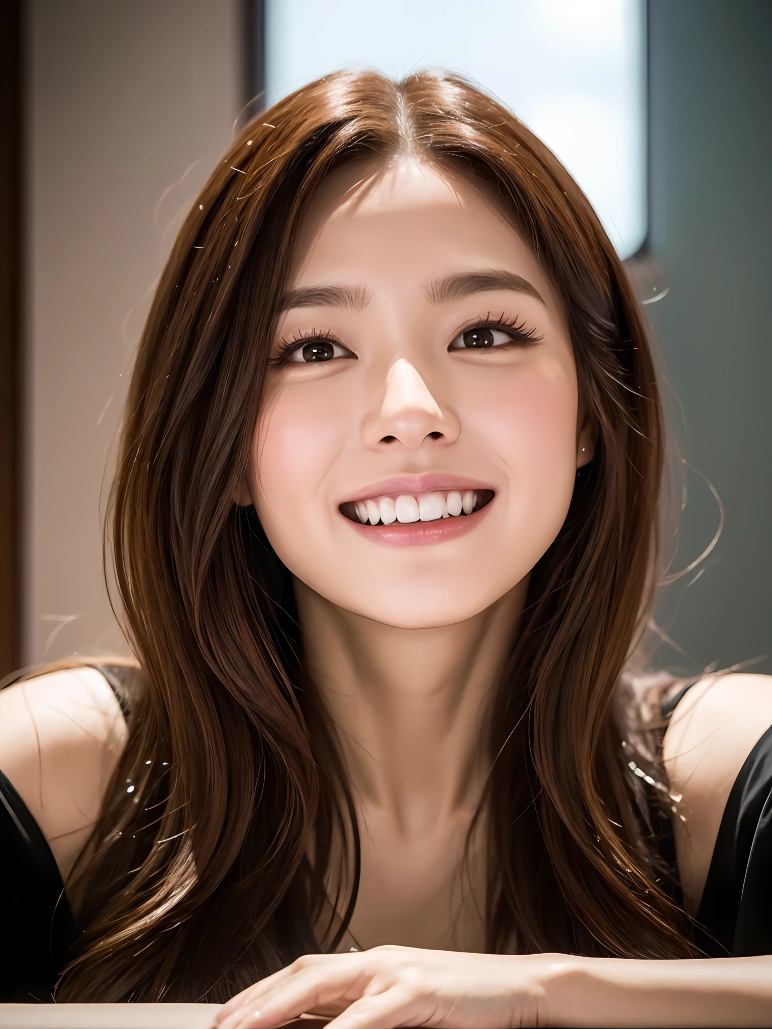 (A GIRL: 1.6), (lora:russianDoll:0.4), (lora:TaiwanDoll:0.4), (best quality, 8k, masterpiece: 1.3), focus 1.2, perfect body beauty: 1.4, highly detailed face and skin texture, detailed eyes, double eyelids, whitened skin, long hair split edges, (round face: 1.5)), looking at the audience, leaking teeth and laughing, sitting next to the audience, window, (Full body: 1.1), home, sofa, lamp, tea cup, TV, coffee table, flowers, (warm color: 1.5), (dim light: 1.2)