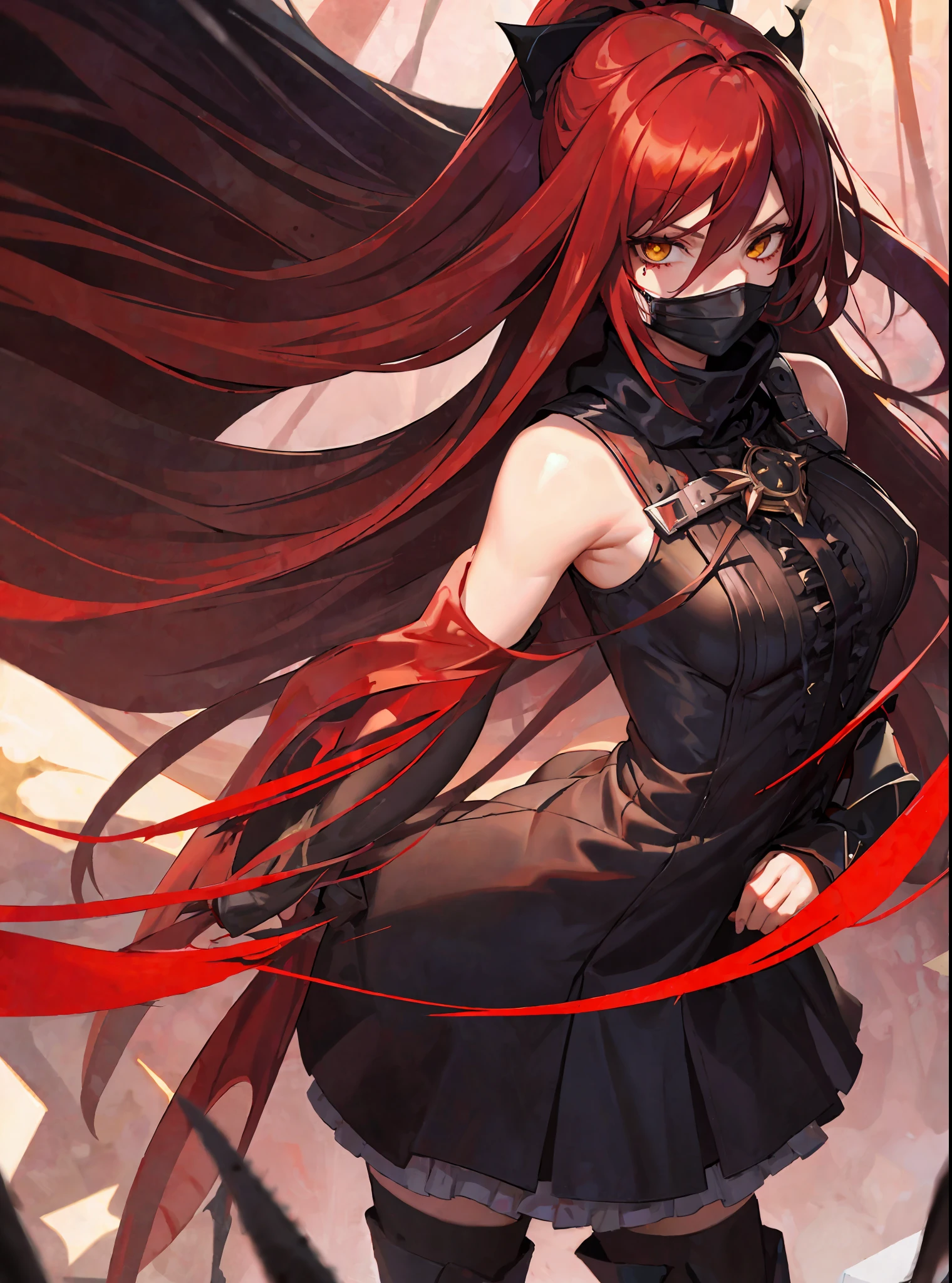 (masterpiece, best quality) an adult woman with very long red hair, short dress, red leather, black bows, long stockings, with a mask covering the eyes, (red mask covering the eyes), red mask, (red mask), covered eyes, bare legs, bodysuit, queen, lake, braids, good anatomy, correct proportions, strange mask, eye mask, black boots, torn clothes, queen, yellow eyes, serious, mysterious appearance, blood, emotionless, red forest, straight bangs, very long red hair, evil, (yellow eyes), gothic, medium chest, blood weapons, blood spikes, chest to head show, cinematics, color oil painting, solo, cinematic lighting, extremely detailed face, finely detailed face, beautiful face, beautiful eyes, perfect lighting, depth of field, realistic proportions, good anatomy, long coat
