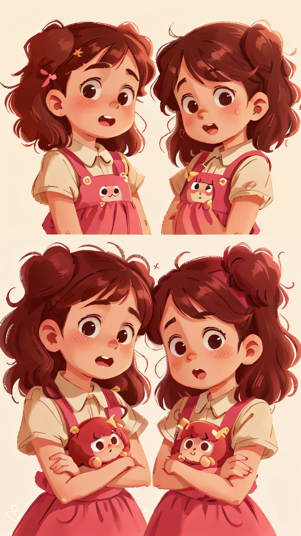 Two girls, twins, curly brown hair, making the main facial expressions