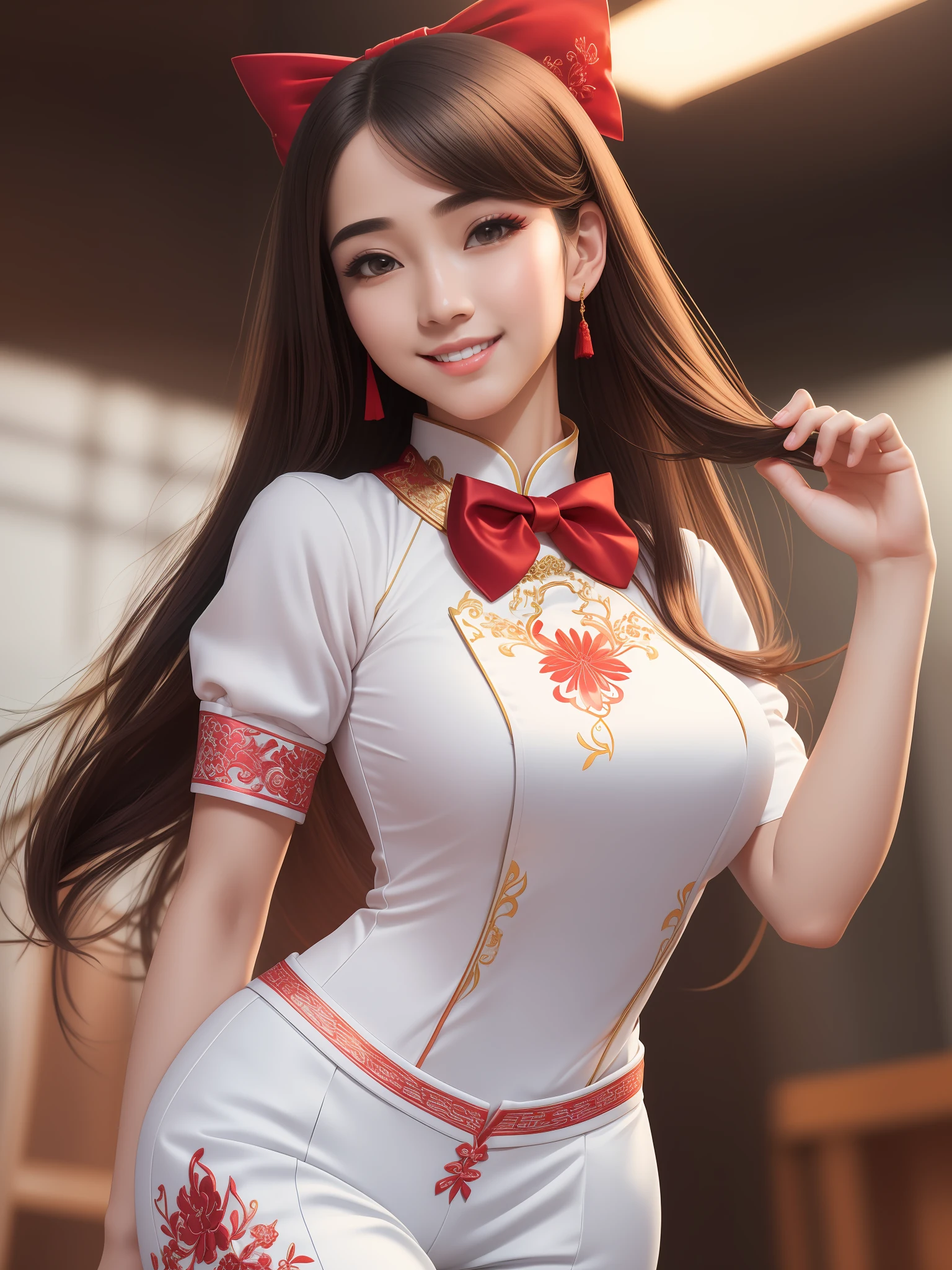 1girl, (best quality, masterpiece, ultra high resolution),(photorealistic:1.3), (realistic:1.3),(long legs:1.3), (closed mouth), (light smile:1.2), (long white ao dai:1.2), (Embroidered:1.2), (long trousers:1.2), (red bow tie:1.2),(day:1.3), (bright lights:1.3), indoors, busty, dynamic pose, vivacious and seductive,(standing), (slender), (slender legs), (busty:1.2), (facing to the side), shiny skin, nose blush, (male focus, from below:1.2), (lower body:1.2),
