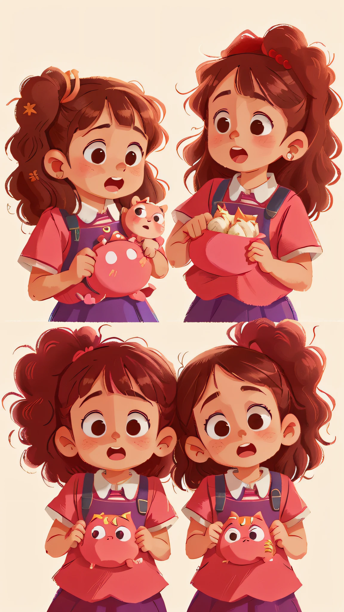 Two girls, twins, curly brown hair, making the main facial expressions