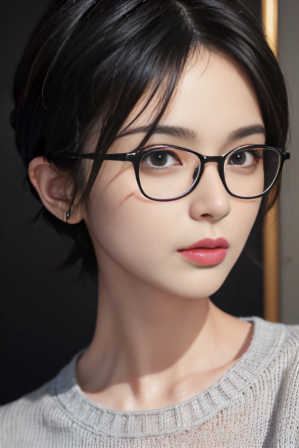 (masterpiece:1.3), (8k, photorealistic, RAW photo, best quality: 1.4), (1girl with glasses), beautiful face, (realistic face), (black hair, short hair:1.3), beautiful hairstyle, realistic eyes, beautiful detailed eyes, (realistic skin), beautiful skin, (sweater), absurdres, attractive, ultra high res, ultra realistic, highly detailed, golden ratio