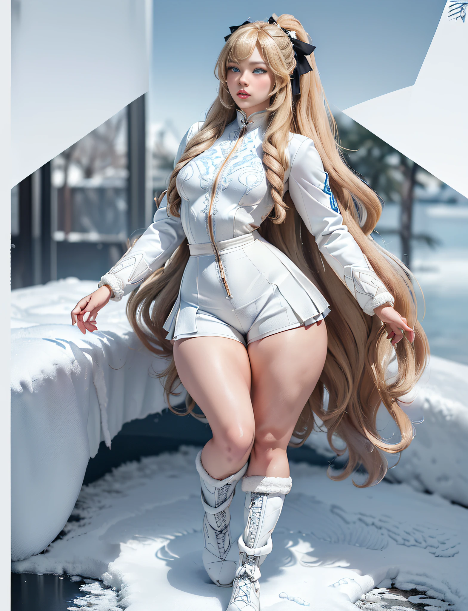 ((very detailed RAW color photo)), (((1 girl))), (((alone))), (((30 years))), ((athletic)), ((very defined toned physique)), ((very defined and beautiful muscular body)), (((very detailed perfect body))), (((small and defined breasts))), (((ultra defined curves))), (((superior quality, 8k, masterpiece: 1.3)), sharp focus: 1.2, (((extremely beautiful girl with perfect figure: 1.4))), ((very thin waist: 1.2)), ultra detailed skin texture,  ((perfect and beautiful hands)), ((smooth and soft skin)), (ultra detailed fabric texture), extremely beautiful ultra detailed face, (((extremely beautiful))), intricate details, ultra detailed, (((girl wearing a white snow jacket and white snow shorts with very modern hiking boots))), (((the suit is white and modern))), (((extremely long curly blonde hair))), (((extremely long curly blonde hair))),  extremely beautiful, (((extra long ponytail with bangs))), ((very detailed and beautiful wolf ears)), (hair on the face), ((hair ribbon)), dynamic pose, ((uniform leaves thighs exposed)), ((ultra detailed and toned legs)), (((ultra detailed waist))), (((very wide hips))), (((very thick and toned thighs))), (sexy), (((extreme hourglass figure))), (((very thick heart lips))),  ((red lipstick)), ((ultra detailed lips)), ((ultra detailed blue eyes)), ((angry look)), (((staring at the viewer))), ultra detailed provocative mouth, extremely beautiful seductive lips, ((blushing)), (makeup), (((ultra defined waist))), eye shadow, (full body shot), with a frozen lake in the background