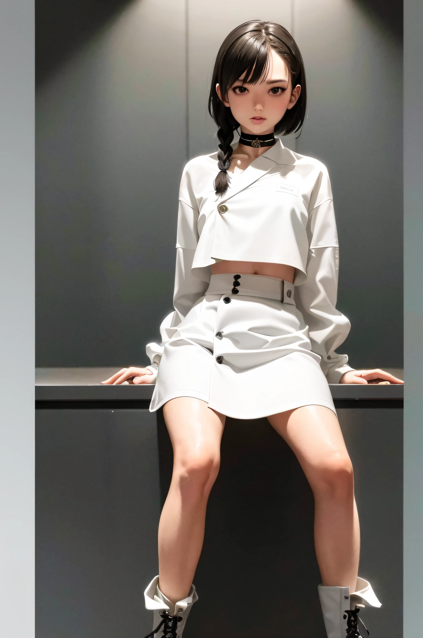 (8K, RAW, Professional, Best Quality, Masterpiece: 1.2), (Realistic, Photorealistic: 1.37), Ultra Detail, (Portrait), (Best Detail Skin: 1.2), (Best Detail Face: 1.2), Cinematic Lighting, 1 Girl, (Masterpiece), (Best Quality: 1.0), (Ultra High Definition: 1.0), Detailed Illustration, portrait, detail, girl, single, 16 years old, detailed beautiful skin, slender, face focus, dim light, harsh theme, constriction, full anatomy, random hairstyle short hair, ultra high definition face, detailed eyes, mine system, goth loli, white thin soft clothes, choker, braided short boots, taut pointed, hair ornament, idol group uniform