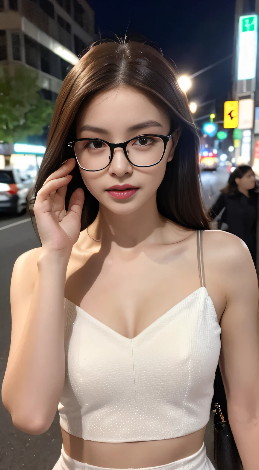 ((Realistic lighting, Best quality, 8K, Masterpiece: 1.3)), Focus: 1.2, 1girl with glasses, Perfect Figure: 1.4, Slim Abs: 1.1, ((Dark brown hair)), (White dress: 1.4), (Outdoor, Night: 1.1), City streets, Super fine face, Fine eyes, Double eyelids,