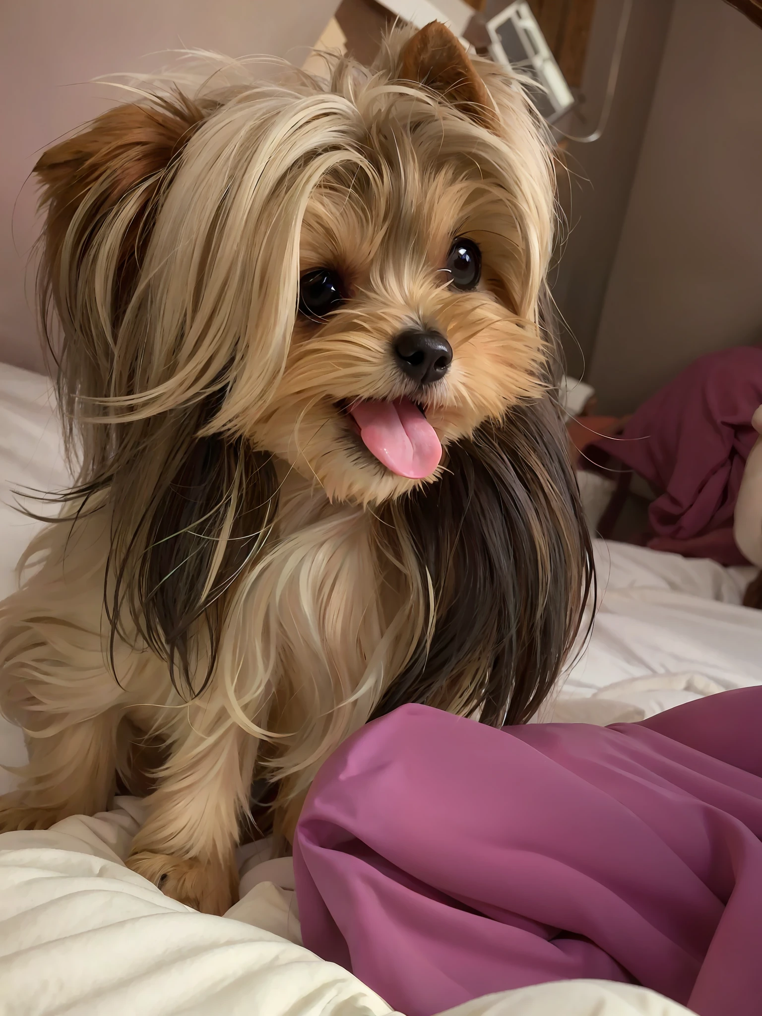 there is a small dog that is sitting on a bed, yorkshire terrier, she has a cute face, cute silly face, she has a cute expressive face, tongue out, holding her yorkshire terrier, winking at the camera, taken in the early 2020s, looking straight to the camera, looking towards the camera, sitting on her bed, aww