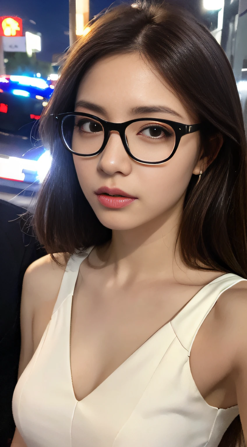 ((Realistic lighting, Best quality, 8K, Masterpiece: 1.3)), Focus: 1.2, 1girl with glasses, Perfect Figure: 1.4, Slim Abs: 1.1, ((Dark brown hair)), (White dress: 1.4), (Outdoor, Night: 1.1), City streets, Super fine face, Fine eyes, Double eyelids,