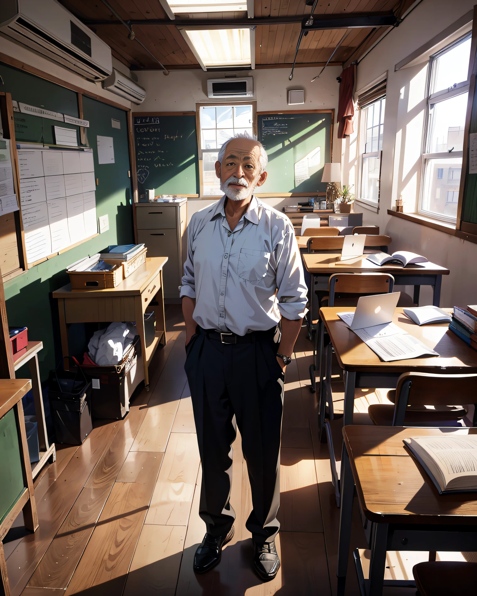 Absurd resolution, high resolution, (masterpiece:1.4), ultra-detailed, 1old man, school classroom viewed from the front, standing