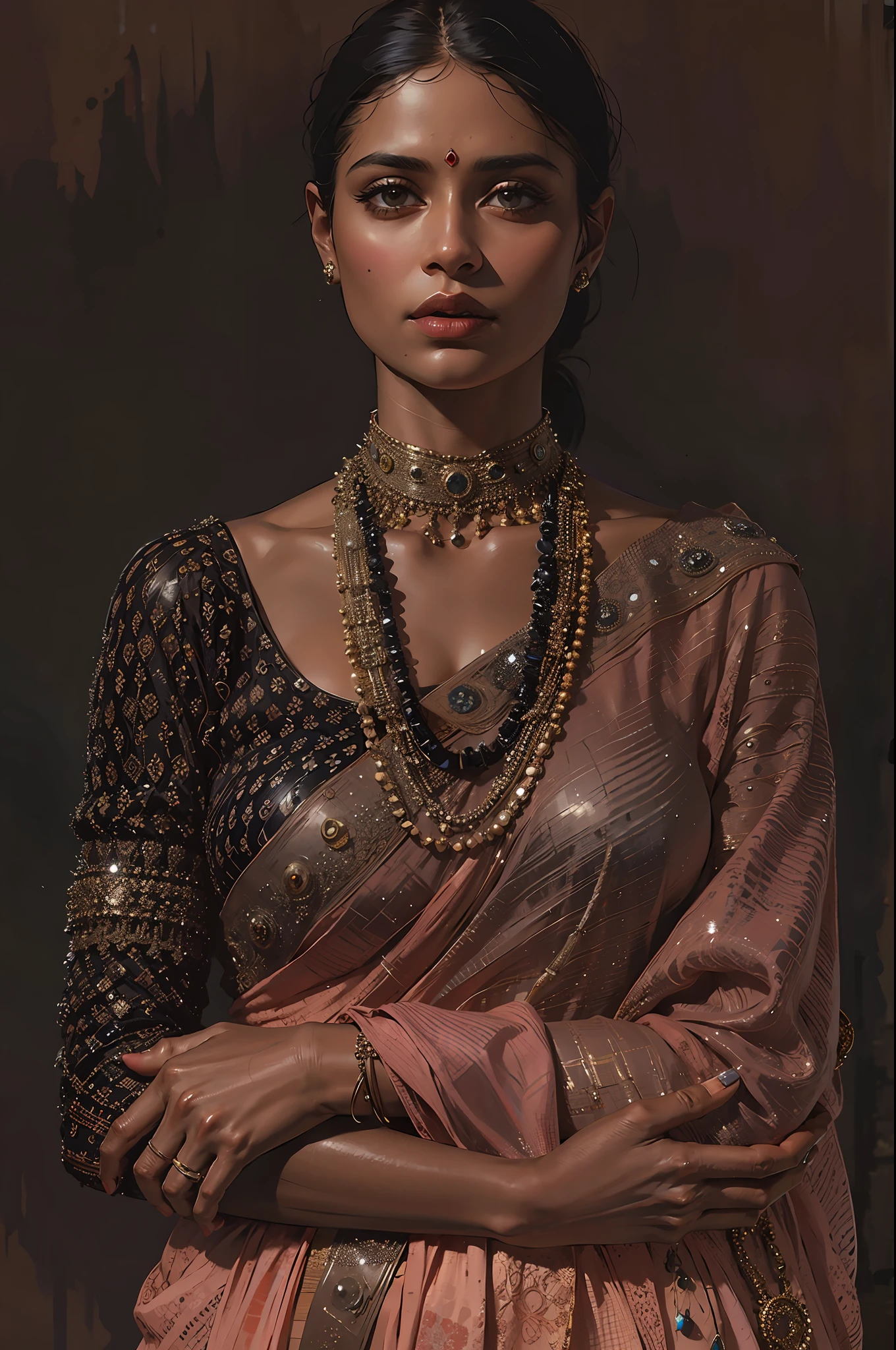 arafed woman in a sari with a necklace and a necklace, intricate set, adorned with precious stones, wearing intricate, intricate jewellery, with intricate details, intricate outfit, wearing elegant jewellery, intricate details. front on, black jewellery, detailed jewellery, high intricate details, photo of a hand jewellery model, close portrait, intricate beauty, intricate jewelry, side view intricate details