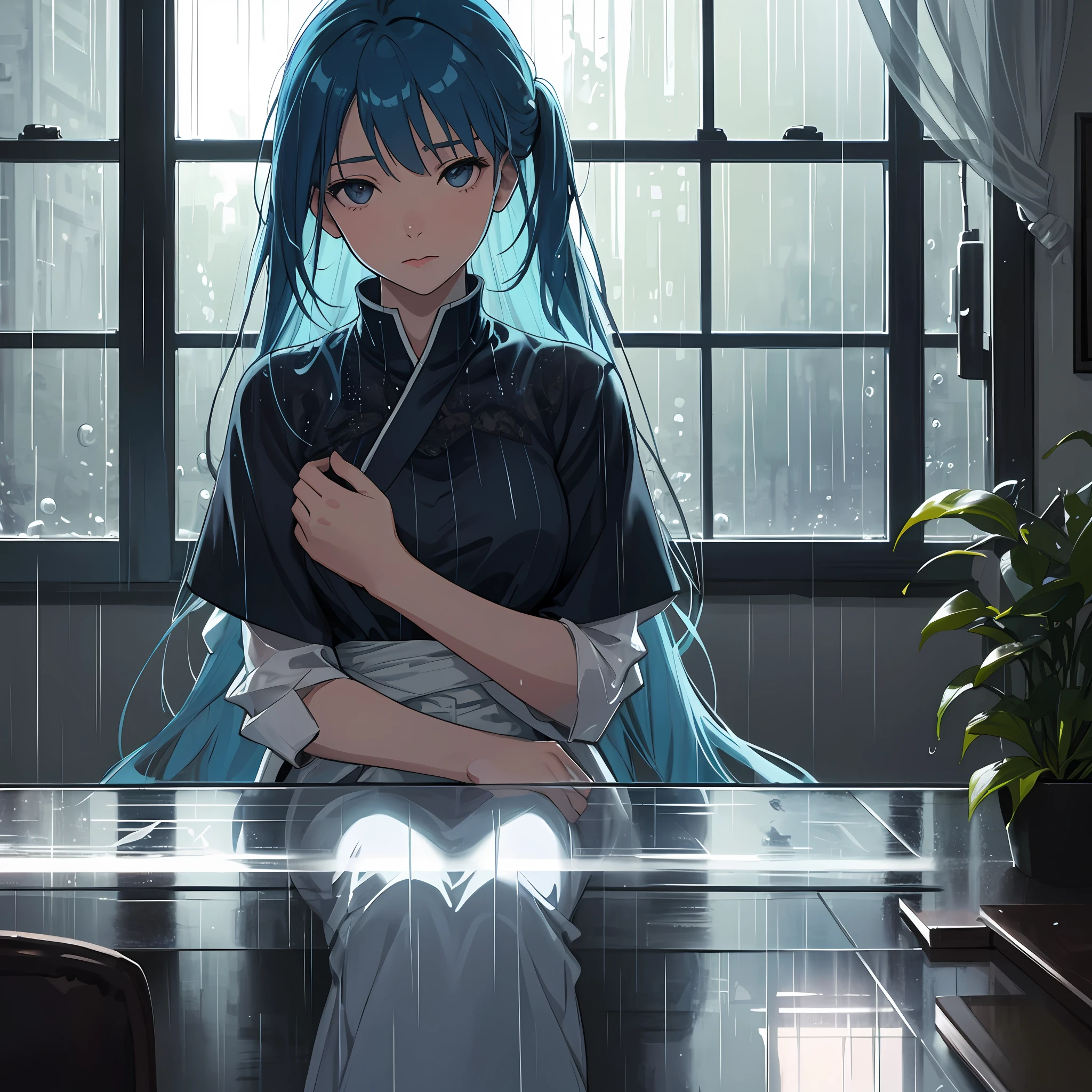 (Image quality: HD) Rainy night, (Scene details: indoor glass window) Under dim yellow light, (Character: 1 female) A young woman sits in front of the window, (Scene Details: Character) Gazes (Scene Details: Rain Outside the Window), (Mood: Heavy) Mouth Closed, Gradient Blue Hair, Black Eyes, Official Art Illustration, Delicate Eyes, Front View, CG Illustration, Super Detailed, Rendering Effect, Hazy, Masterpiece, Side Light, 8K