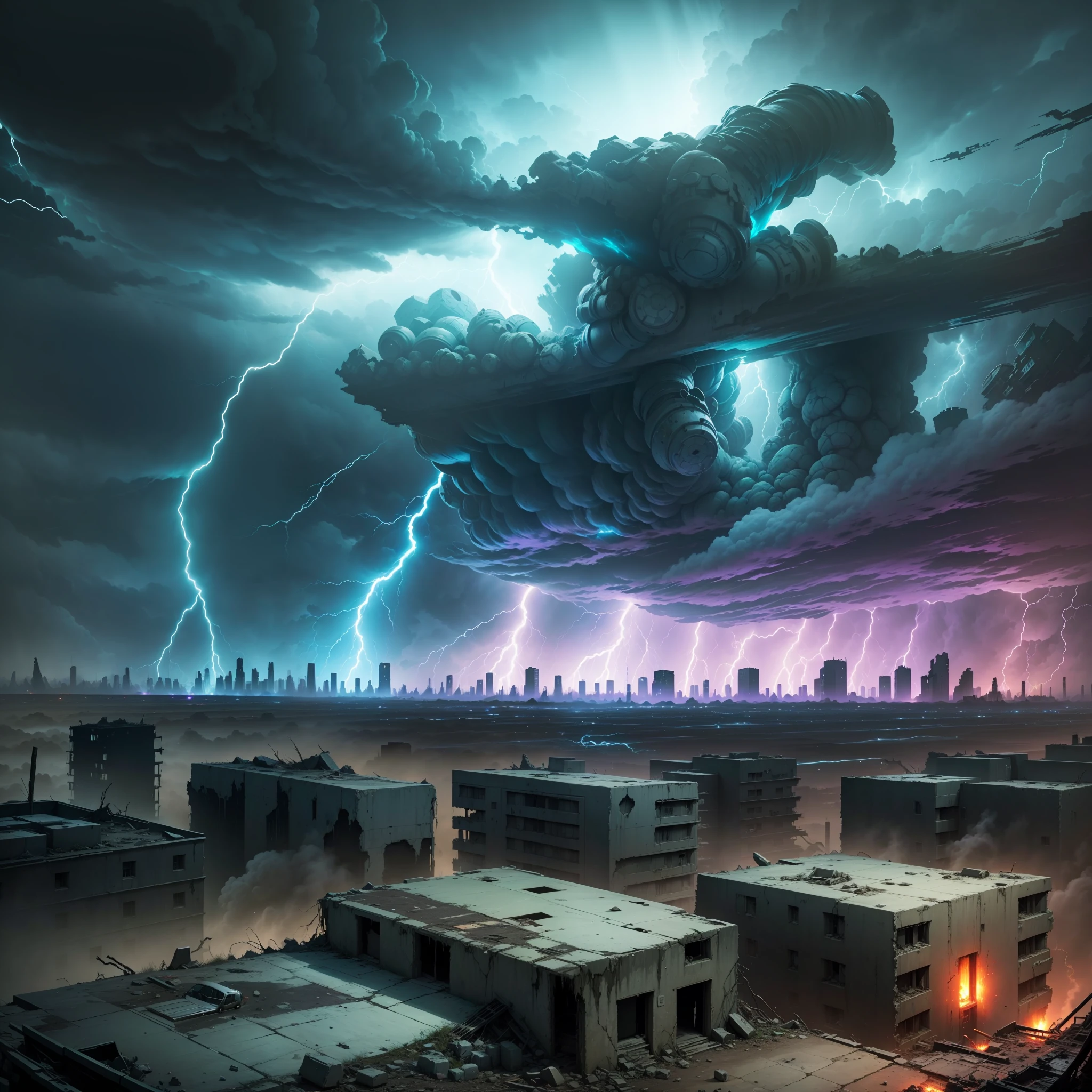 "(post-apocalyptic setting:1.2),(ruined city:1),(electric storm:1.2) strong colors, dark theme." --auto --s2
