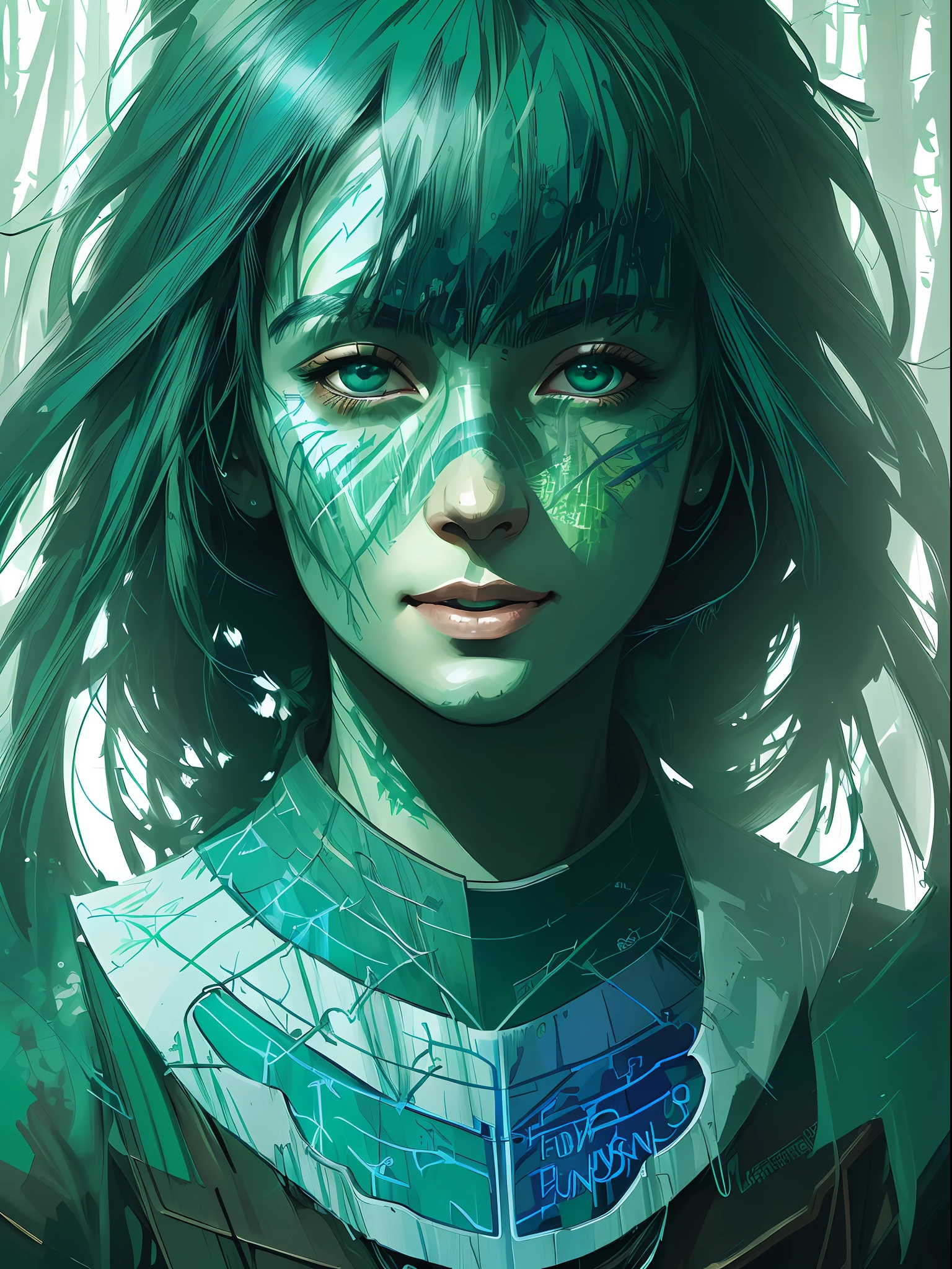 happy girl, centered, looking at the camera, approaching perfection, dynamic, (shades of blue and ((forest green:1.5)))), highly detailed, digital painting, art station, concept art, smooth, sharp focus, illustration, art by Carne Griffiths and Wadim Kashin, detailed face, 4k