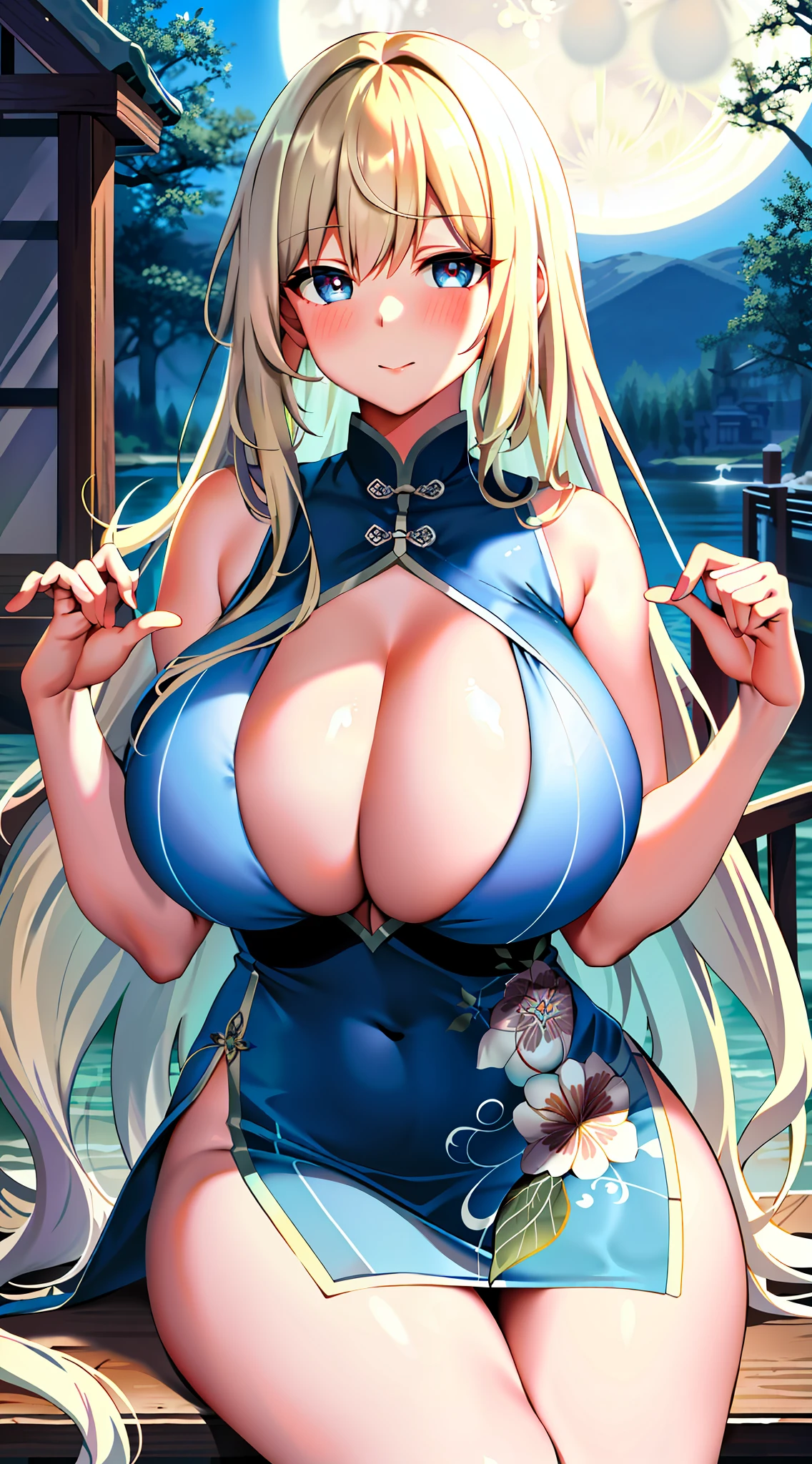 ((Colossal tits)) Big breasts ((eyes blue with highlights)) Blonde White skin Long hair blush Cheongsam boobs sexy moonlit lake Confession Holding out your hand to the screen