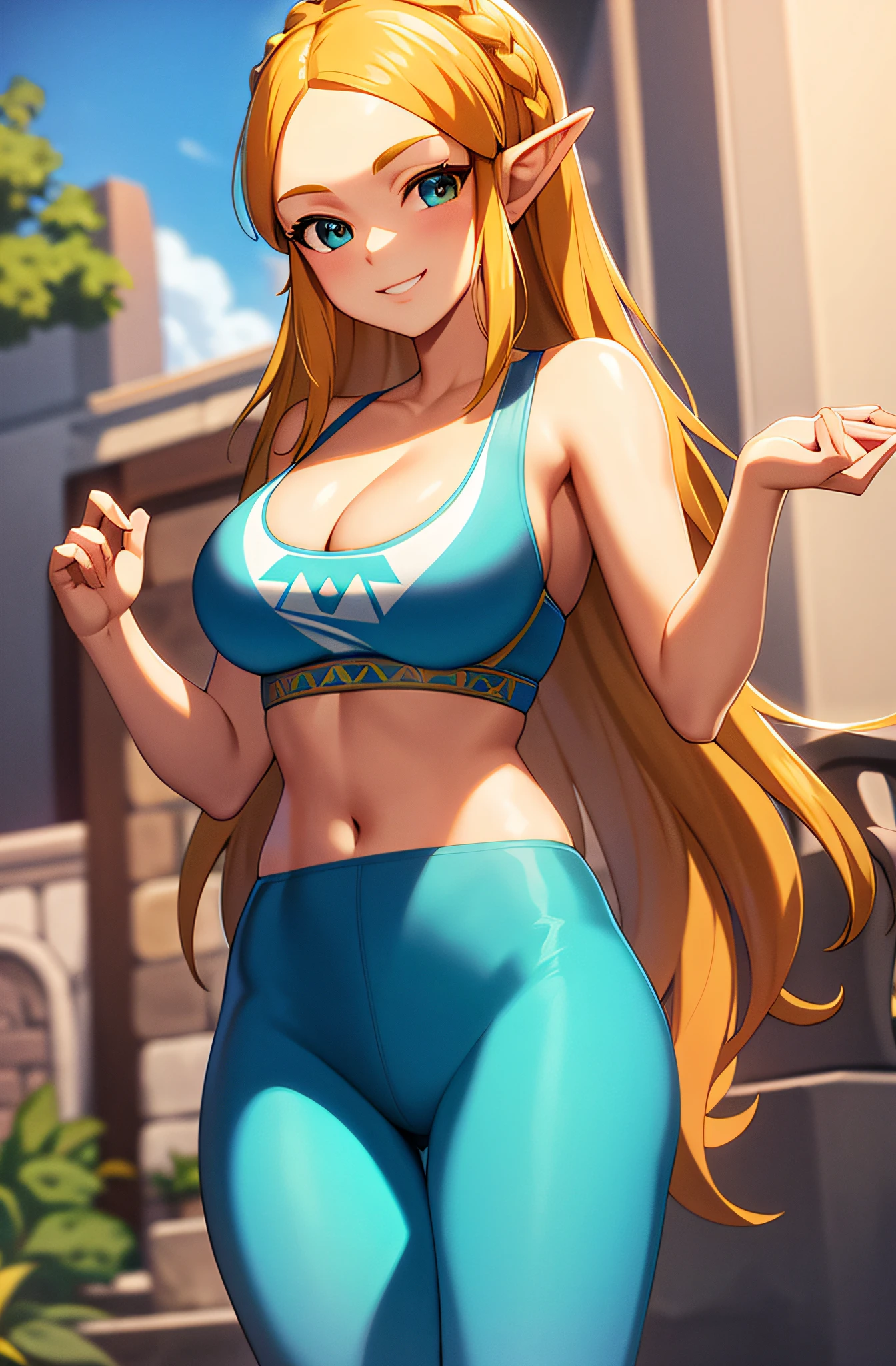 masterpiece,best quality,zelda\(princess\), 1girl, solo, large breasts, cleavage, smile, long_hair, sports bra, yoga pants