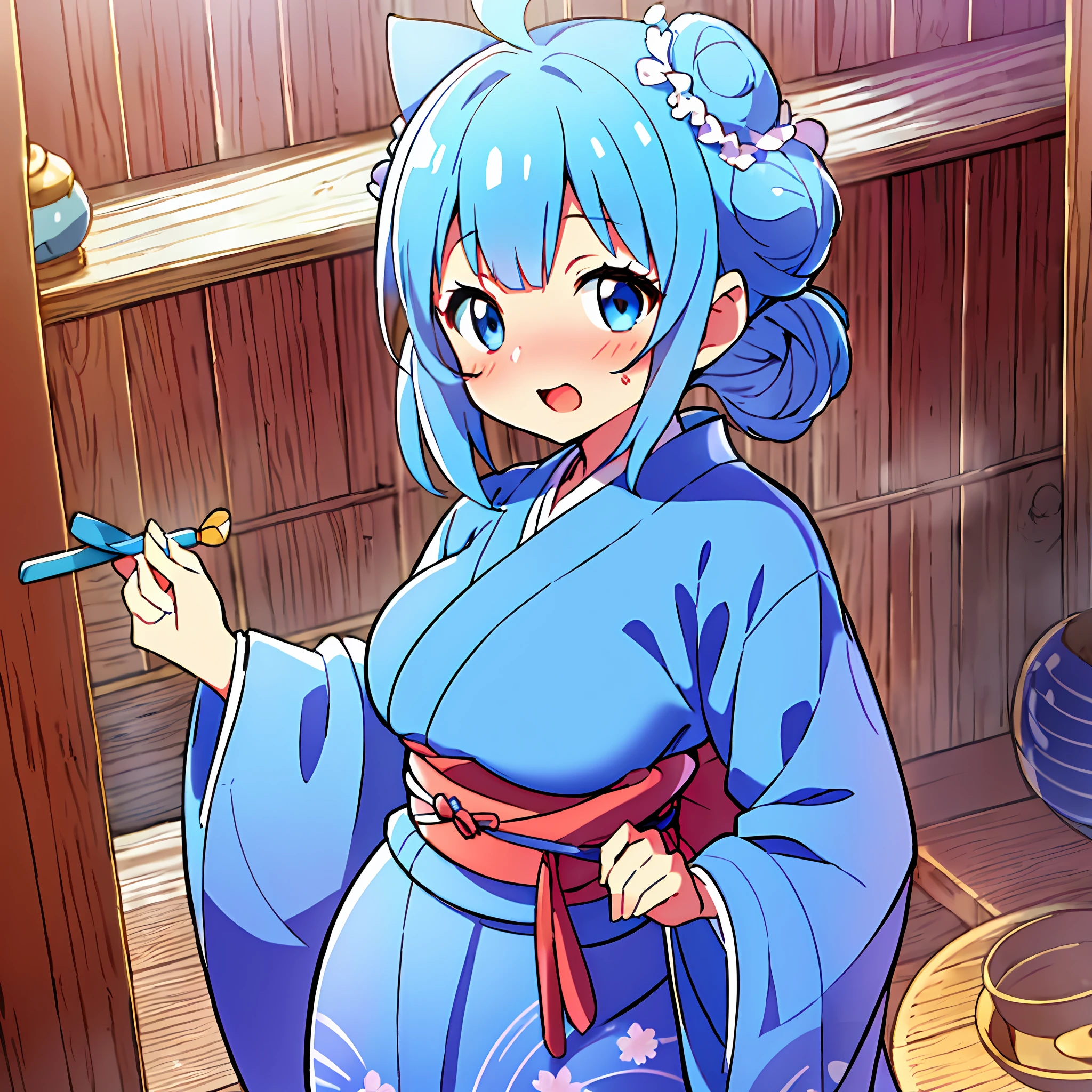 (best quality,ultra-detailed:1.22)
, (beauty face), (big eyes),(:1.0),(embarrassed and blush),Tilt head,Closed both eyes,Anime illustration in the style of "Kyoto Animation", highest quality, (cute: 1.1), (cute), (high resolution: 1.2), incredibly ridiculous: 1.3, incredibly fine illustration, Cute girl, (heterochromia, light blue eyes and light green eyes), solo, standing figure, happy, :d, masterpiece, highest quality, absurdity, high resolution, official art, (cute: 1.8), (chibi character: 1.5)), solo, ((light blue hair, bun hair, kanzashi)), thin hair, one beautiful girl, (cute: 1.8), caregiver, maid, (((long yukata, morning glory illustration, indigo blue, luxurious obi )), watch the viewer, from the front, princess eyes, big breasts, from the front, Japan festival, night shop, cute geta, deformed characters