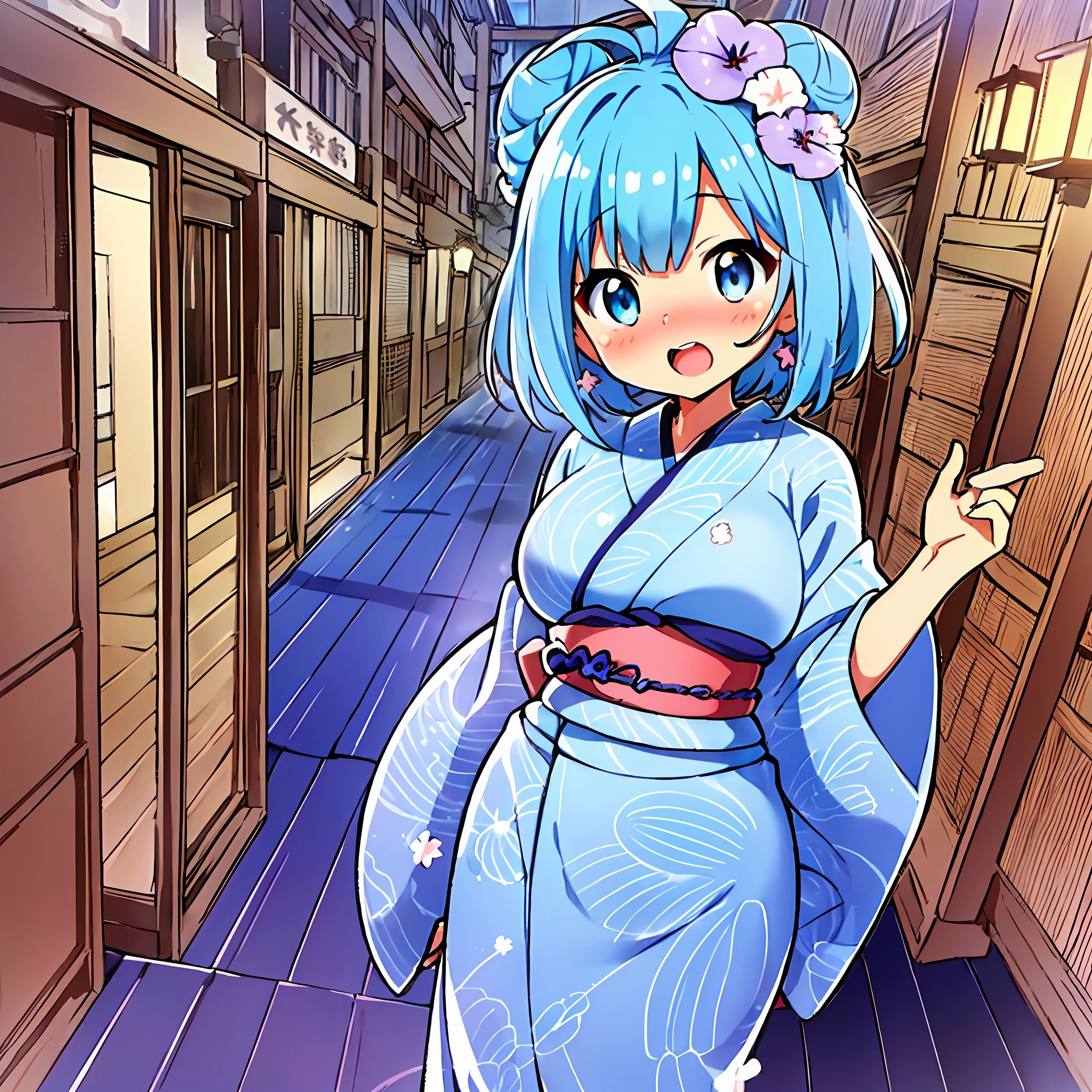 (best quality,ultra-detailed:1.22)
, (beauty face), (big eyes),(loli:1.0),(embarrassed and blush),Tilt head,Closed both eyes,Anime illustration in the style of "Kyoto Animation", highest quality, (cute: 1.1), (cute), (high resolution: 1.2), incredibly ridiculous: 1.3, incredibly fine illustration, Cute girl, (heterochromia, light blue eyes and light green eyes), solo, standing figure, happy, :d, masterpiece, highest quality, absurdity, high resolution, official art, (cute: 1.8), (chibi character: 1.5)), solo, ((light blue hair, bun hair, kanzashi)), thin hair, one beautiful girl, (cute: 1.8), caregiver, maid, (((long yukata, morning glory illustration, indigo blue, luxurious obi )), watch the viewer, from the front, princess eyes, big breasts, from the front, Japan festival, night shop, cute geta, deformed characters