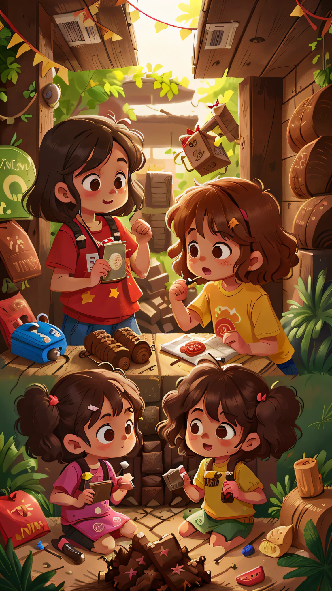 Two girls, twins, curly brown hair, playing with making food ((briquettes))